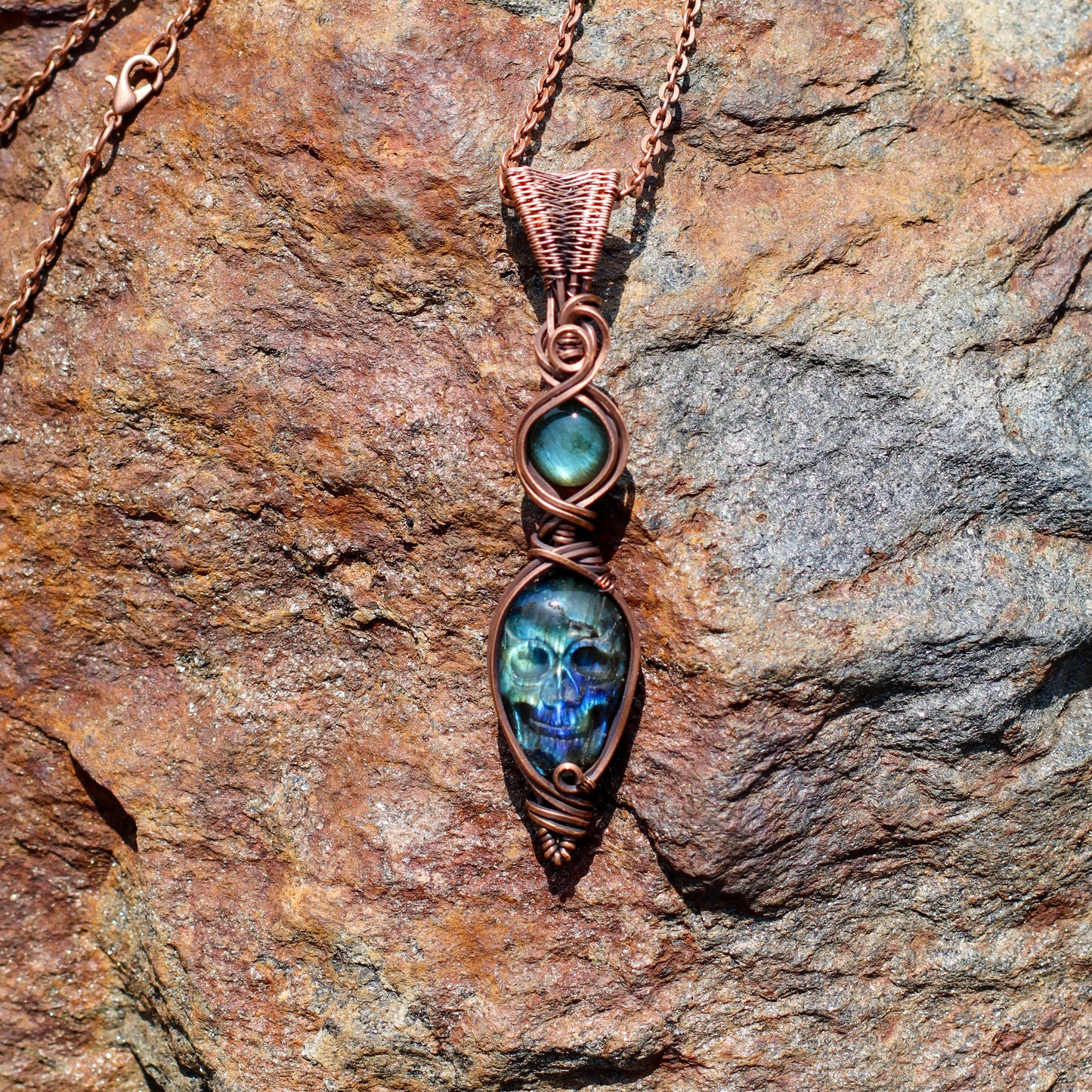 Double Labradorite & Aged Copper SKULL Necklace