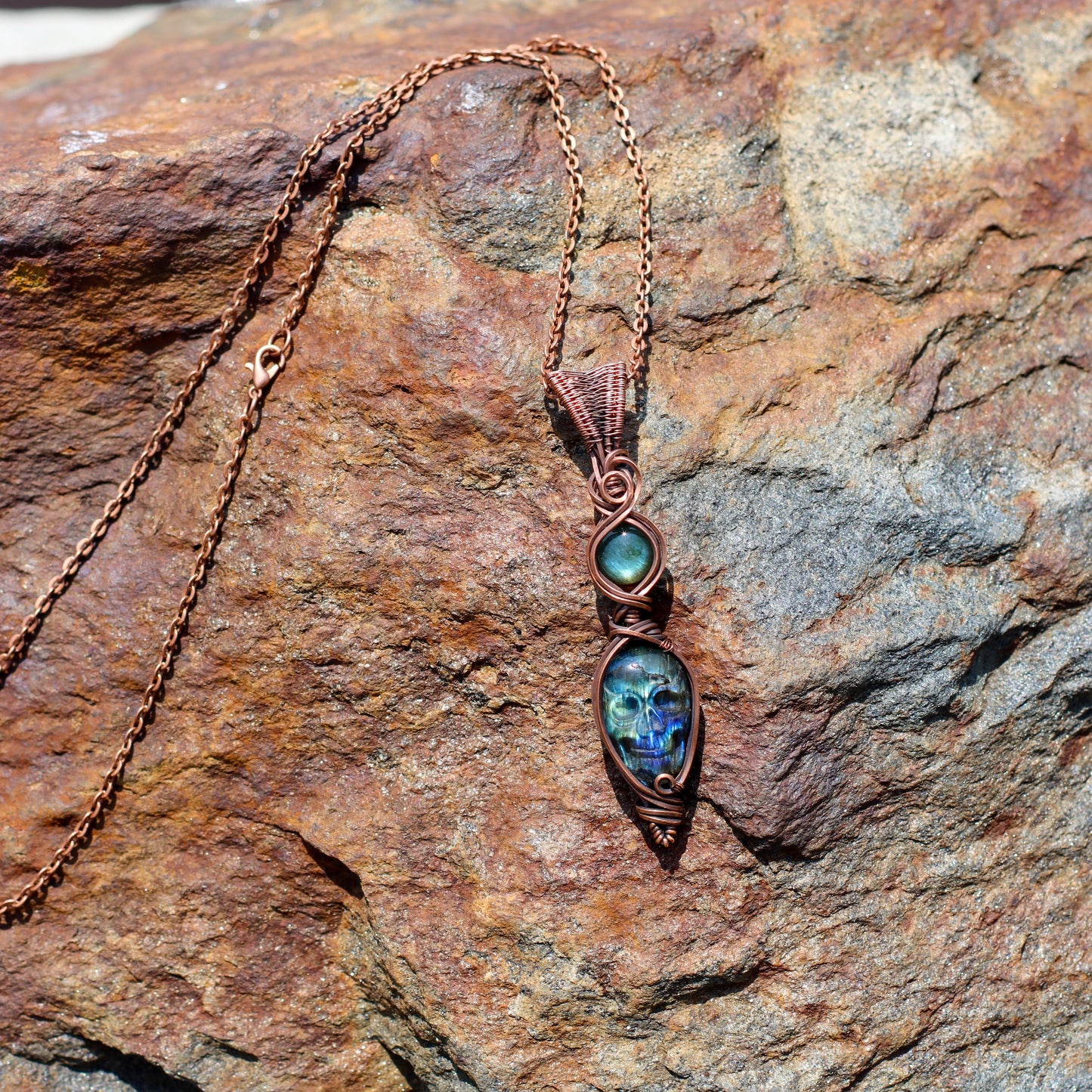 Double Labradorite & Aged Copper SKULL Necklace