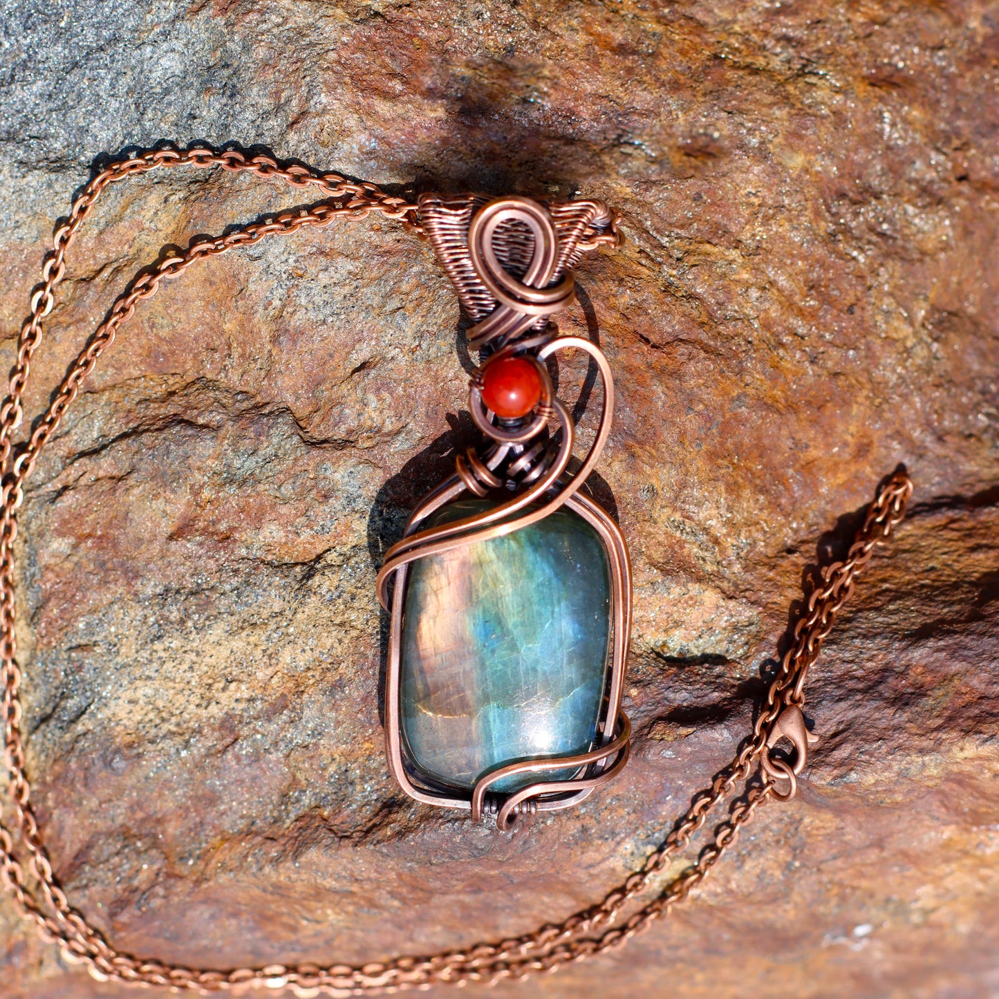 FLASHY Labradorite & Red Quartz Necklace (Aged Copper)