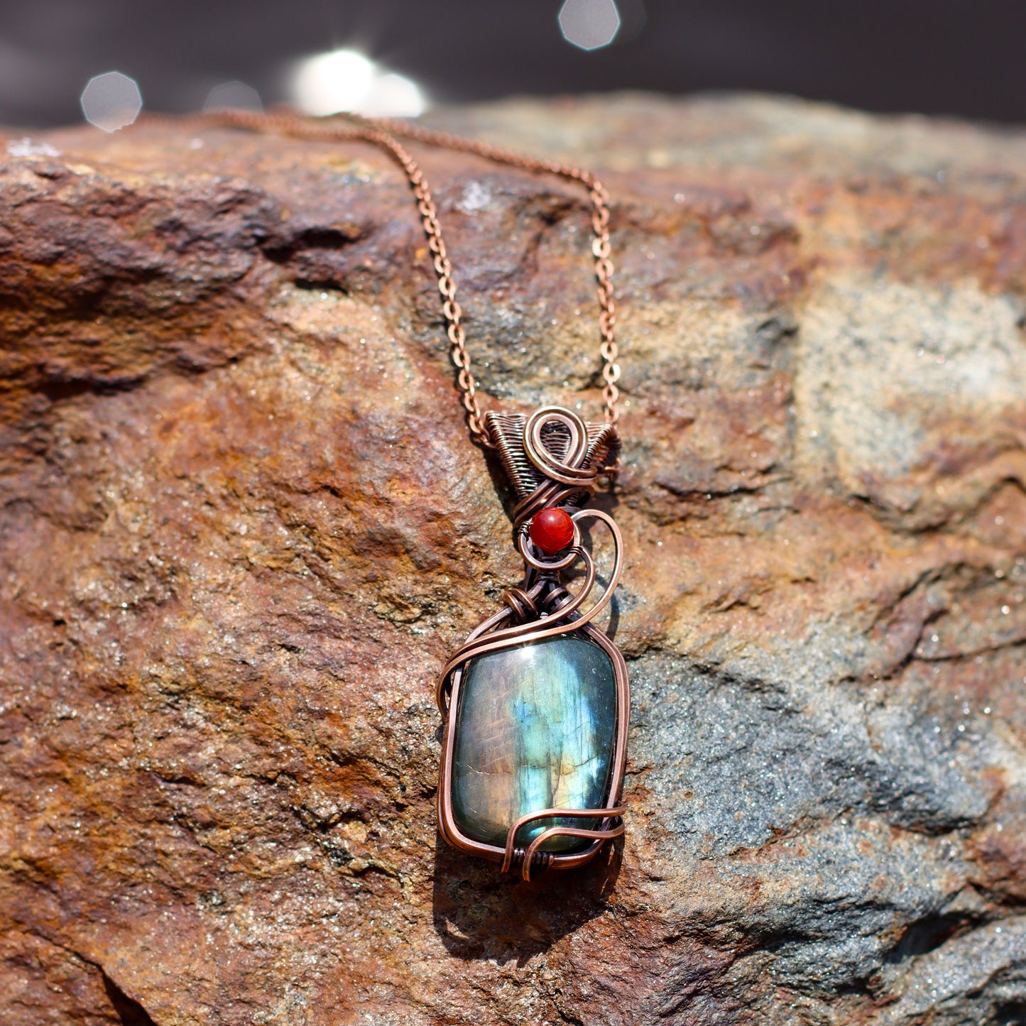 FLASHY Labradorite & Red Quartz Necklace (Aged Copper)