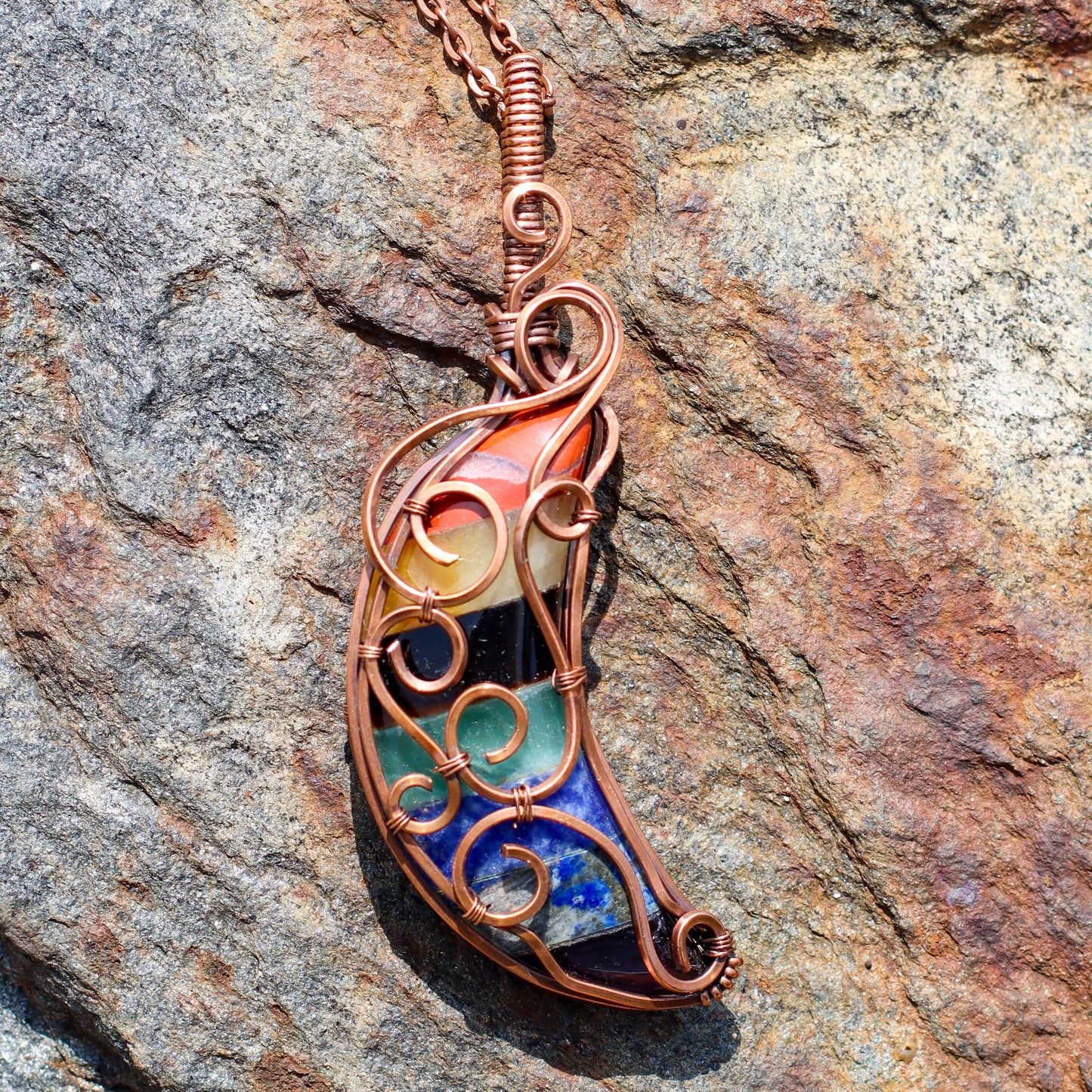 7 Chakra Moon Necklace (Aged Copper Wire)