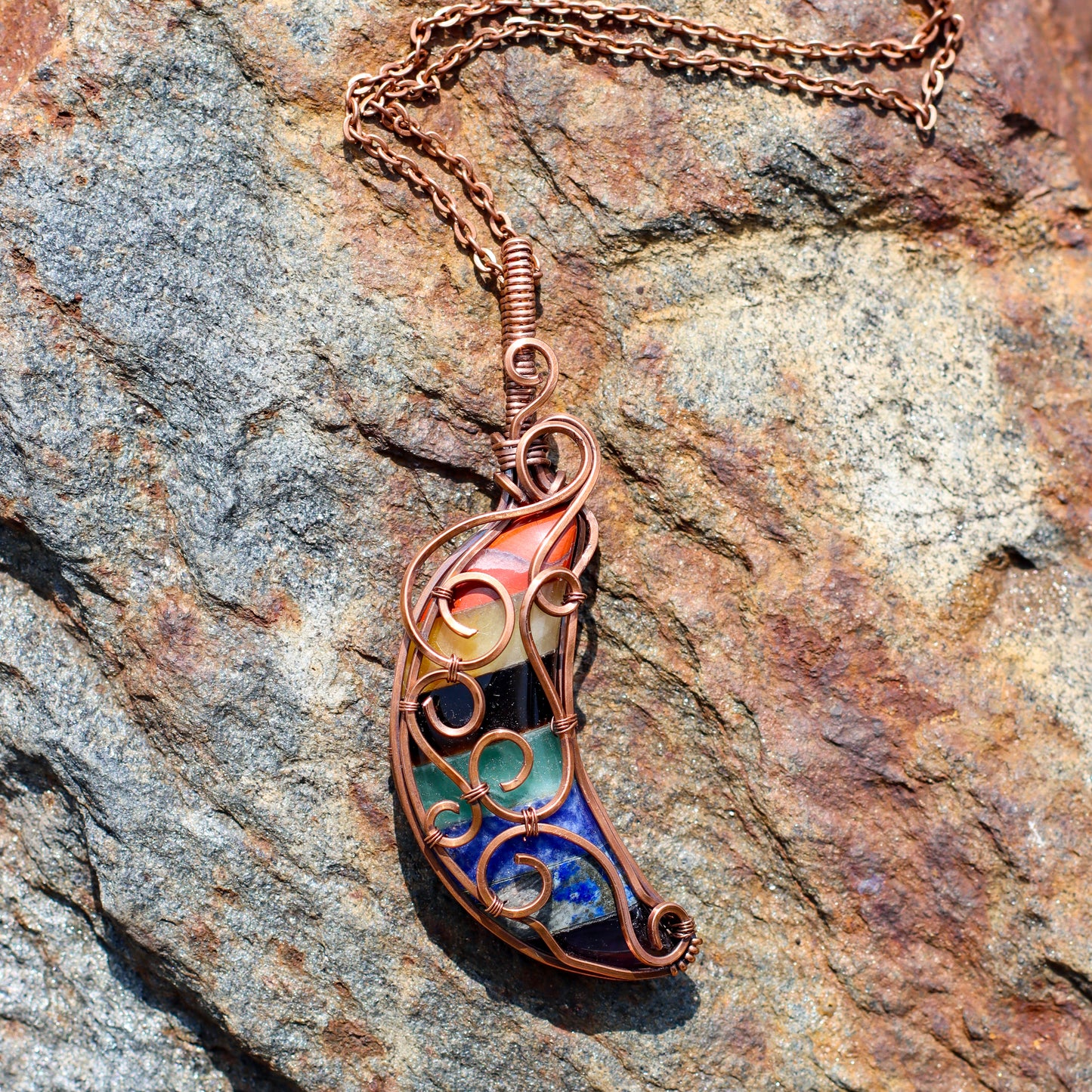 7 Chakra Moon Necklace (Aged Copper Wire)