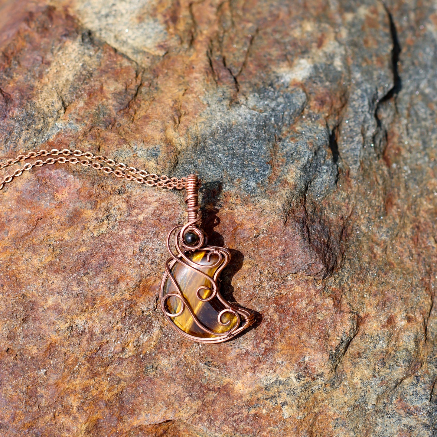 FLASHY Tiger's Eye & Sheen Obsidian Moon Necklace (Aged Copper)