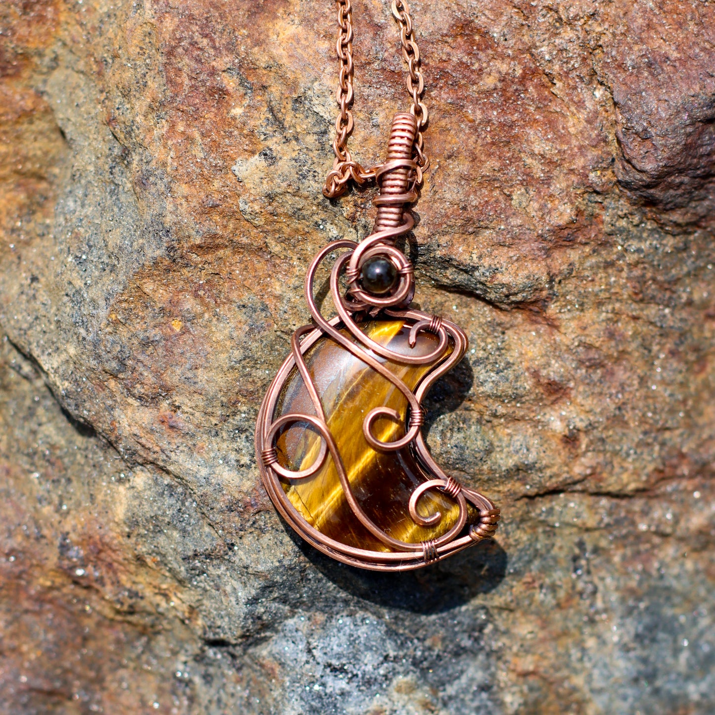 FLASHY Tiger's Eye & Sheen Obsidian Moon Necklace (Aged Copper)