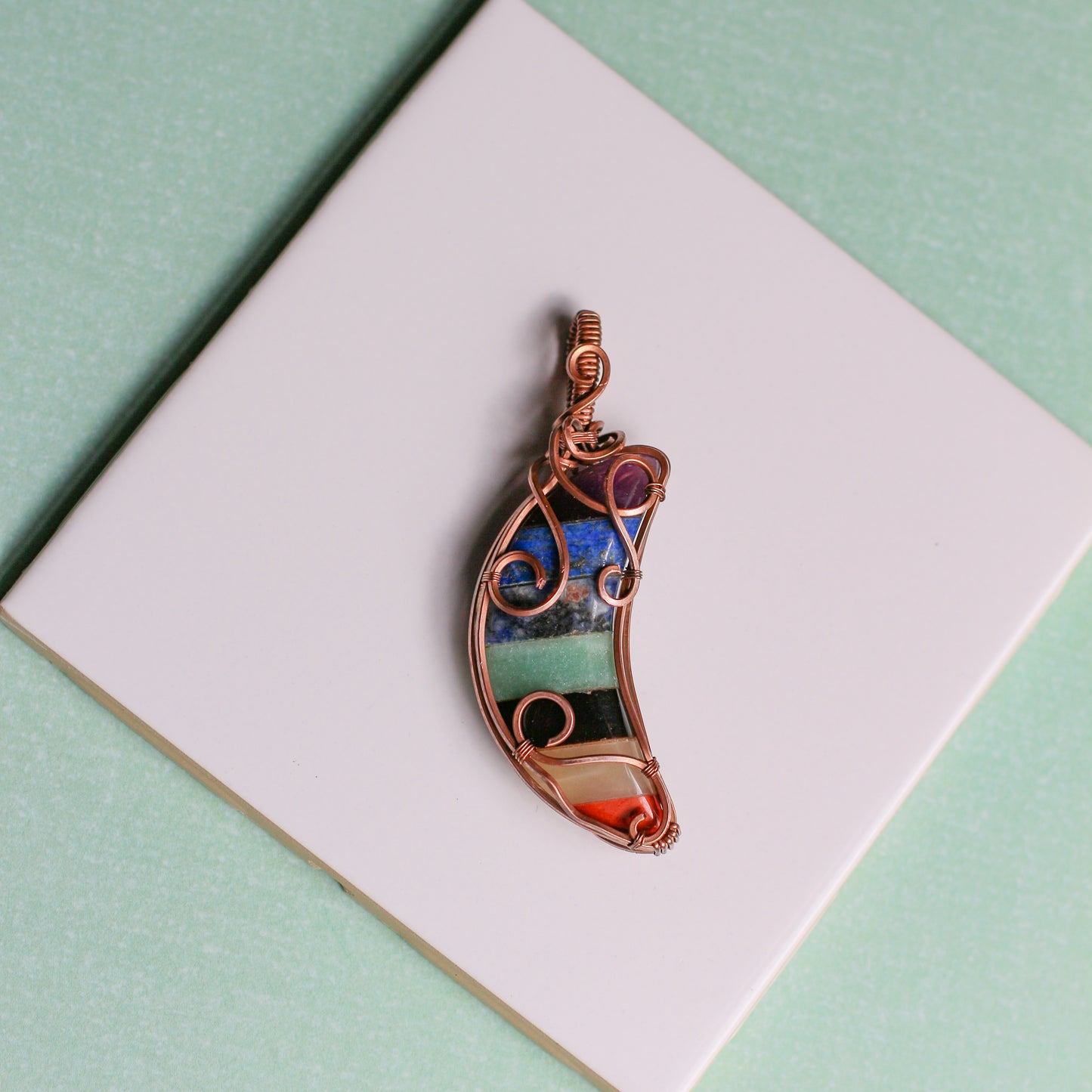 7 Chakra Moon Necklace 2 (Aged Copper Wire)