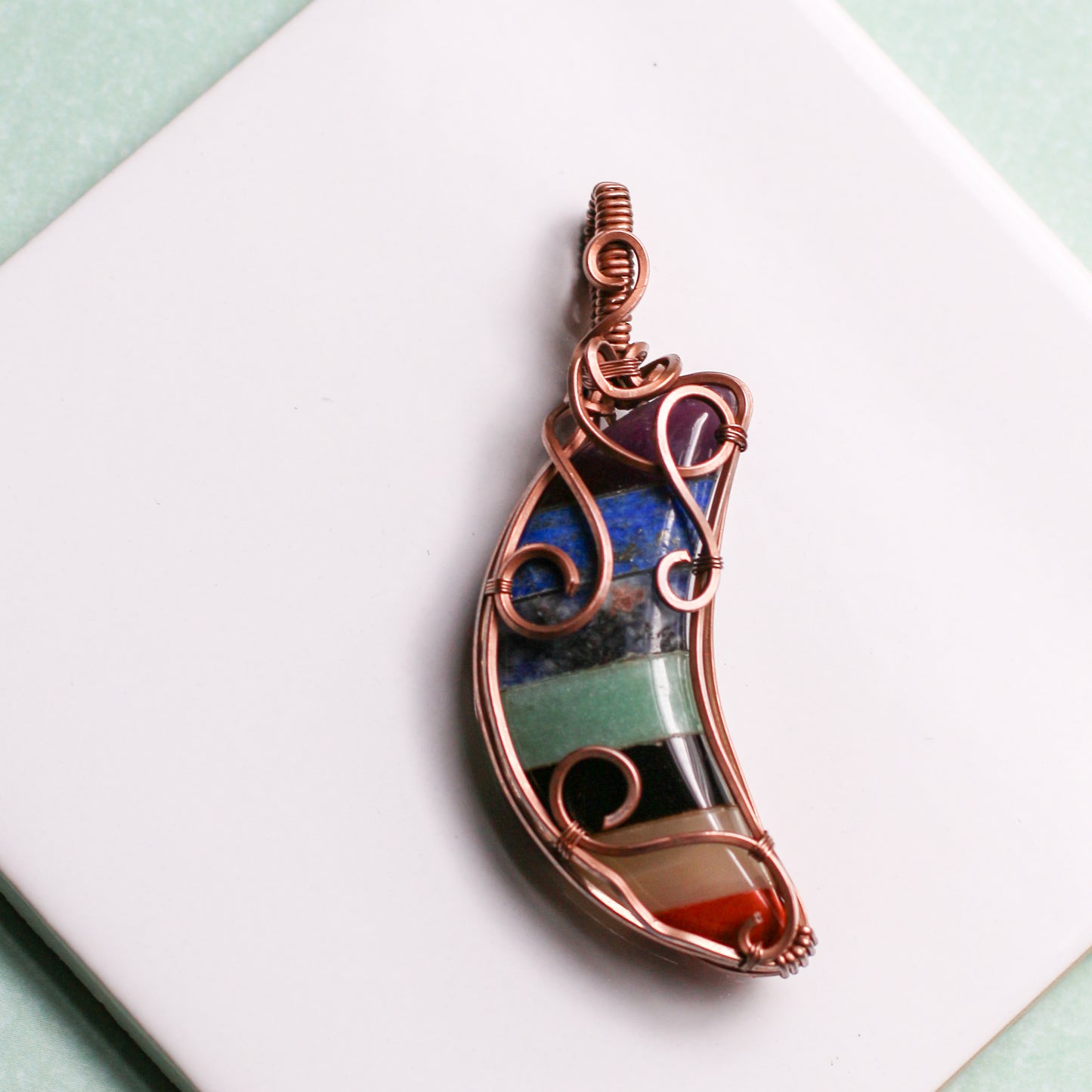 7 Chakra Moon Necklace 2 (Aged Copper Wire)