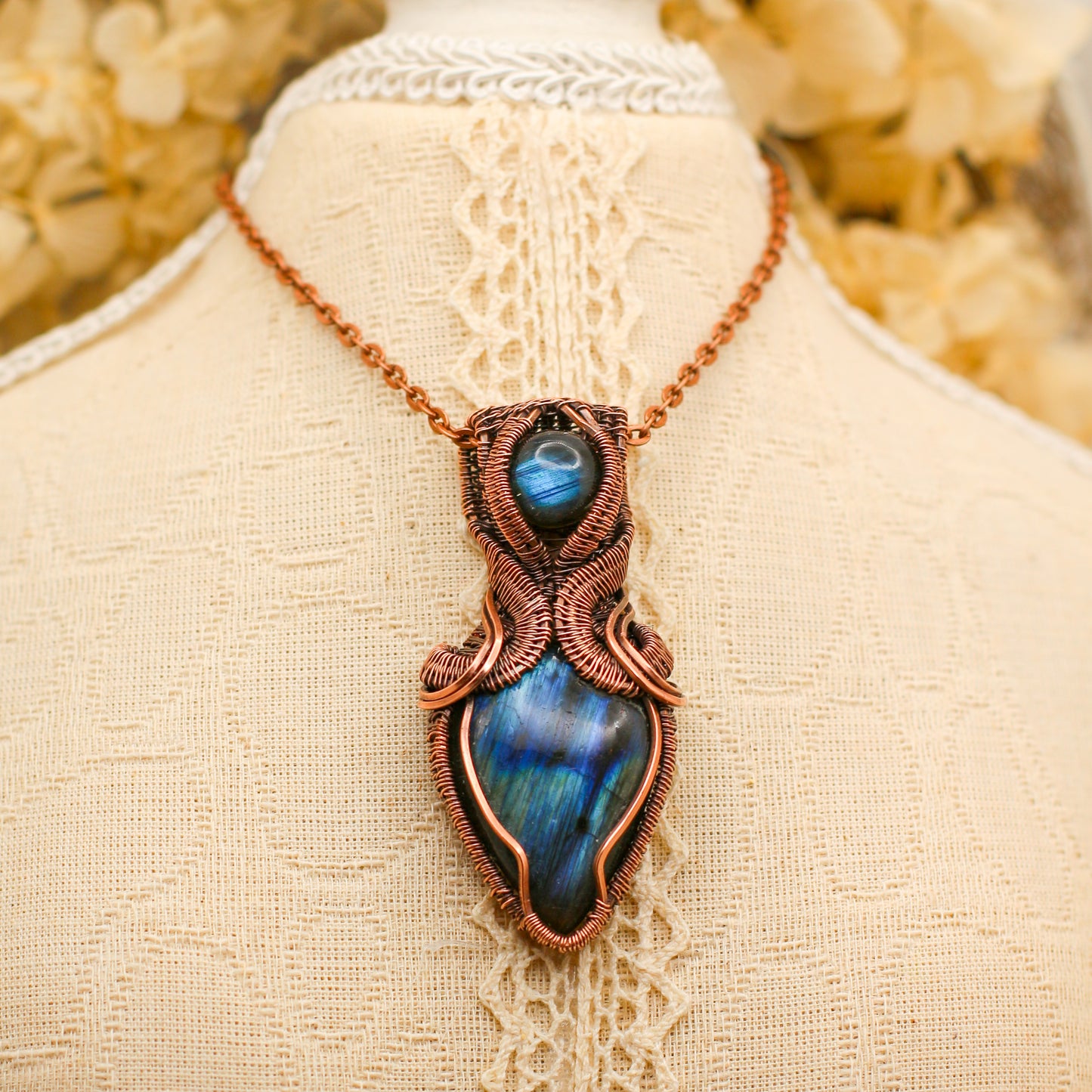 DETAILED Flashy Double-Labradorite with Aged Copper Necklace