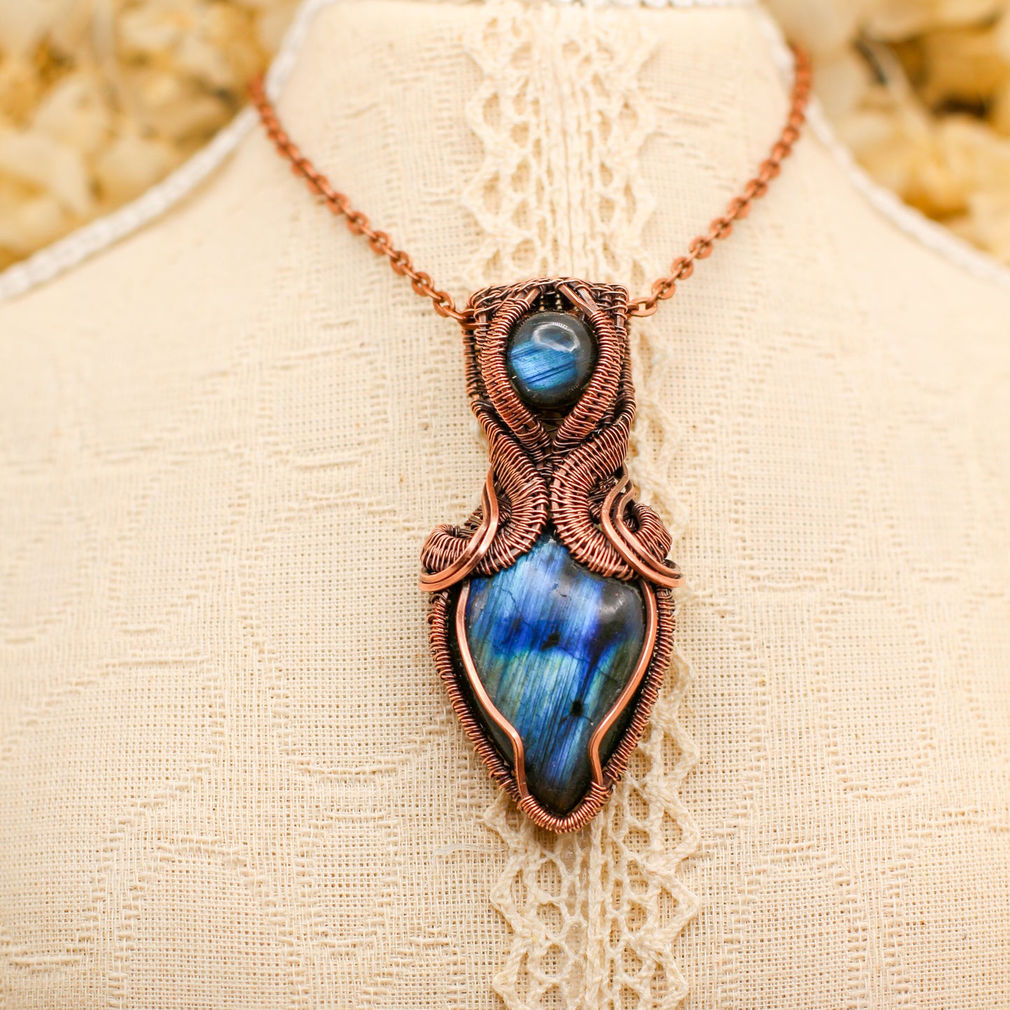 DETAILED Flashy Double-Labradorite with Aged Copper Necklace