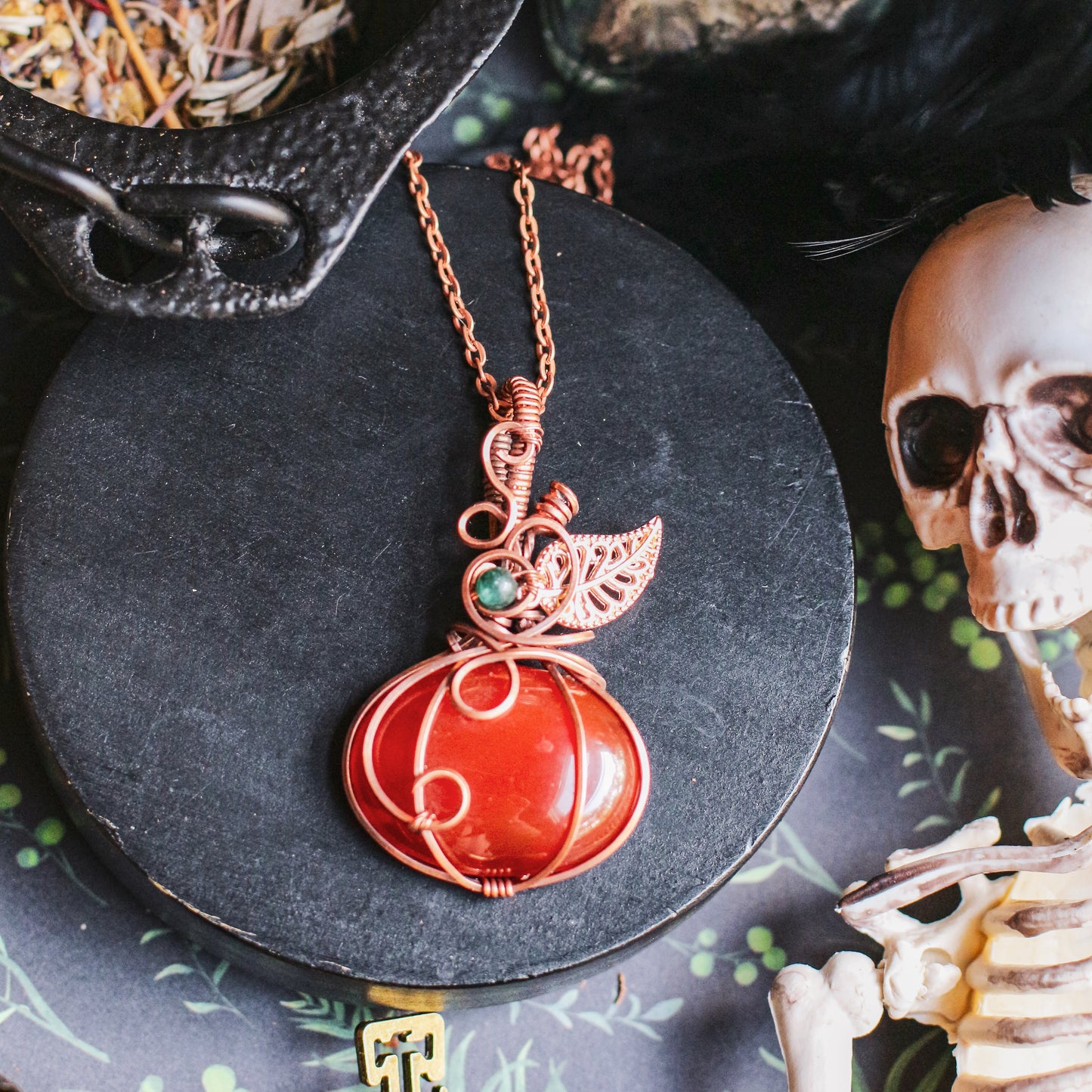 Carnelian & Moss Agate Pumpkin Necklace (Copper)