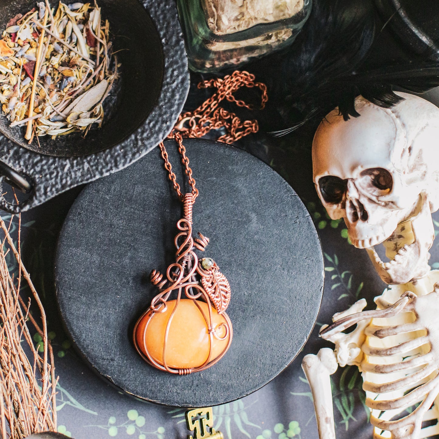 SPECIAL Large Yellow Aventurine & Moss Agate Pumpkin Necklace (Aged Copper)