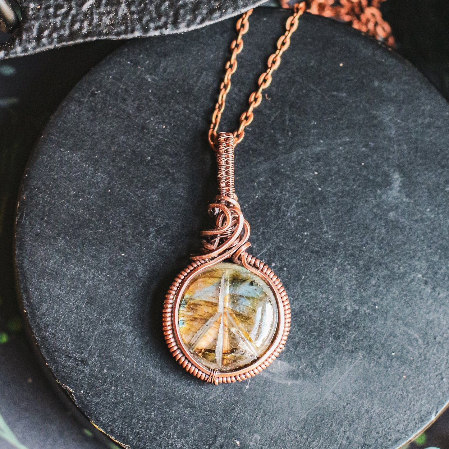 RARE Two-Color Labradorite Peace Sign Necklace (Aged Copper)
