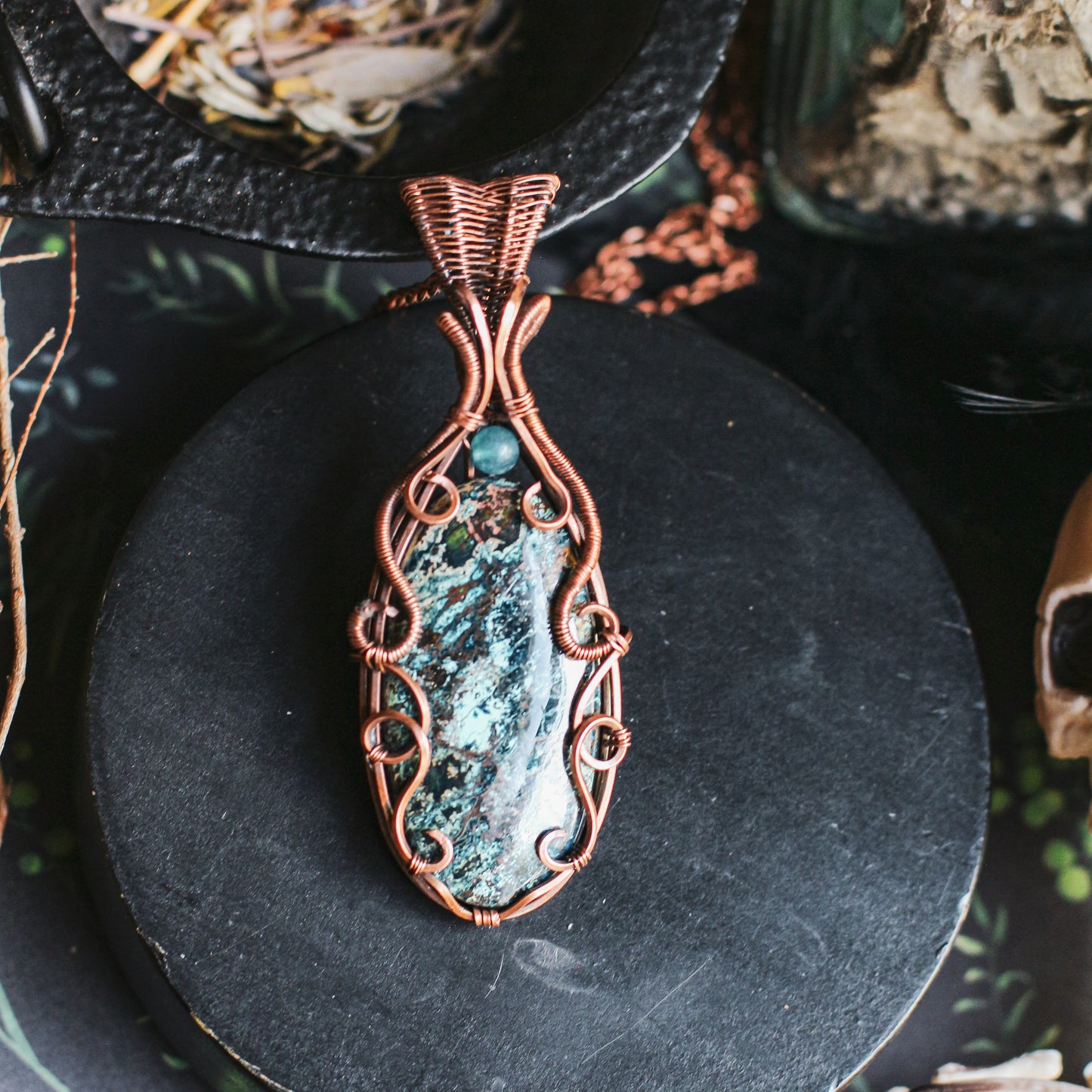 LARGE Shattuckite & Blue Apatite Necklace (Aged Copper)