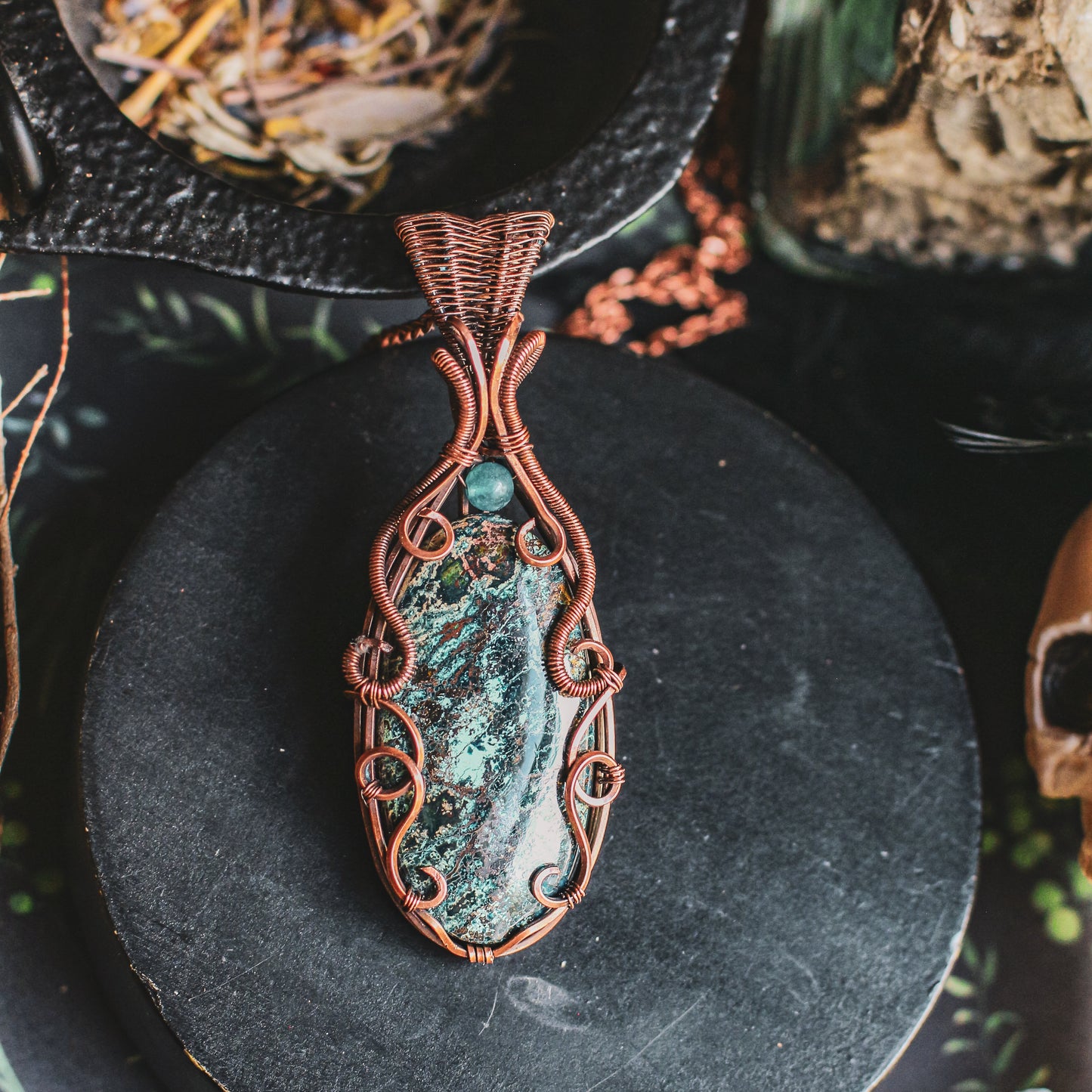 LARGE Shattuckite & Blue Apatite Necklace (Aged Copper)