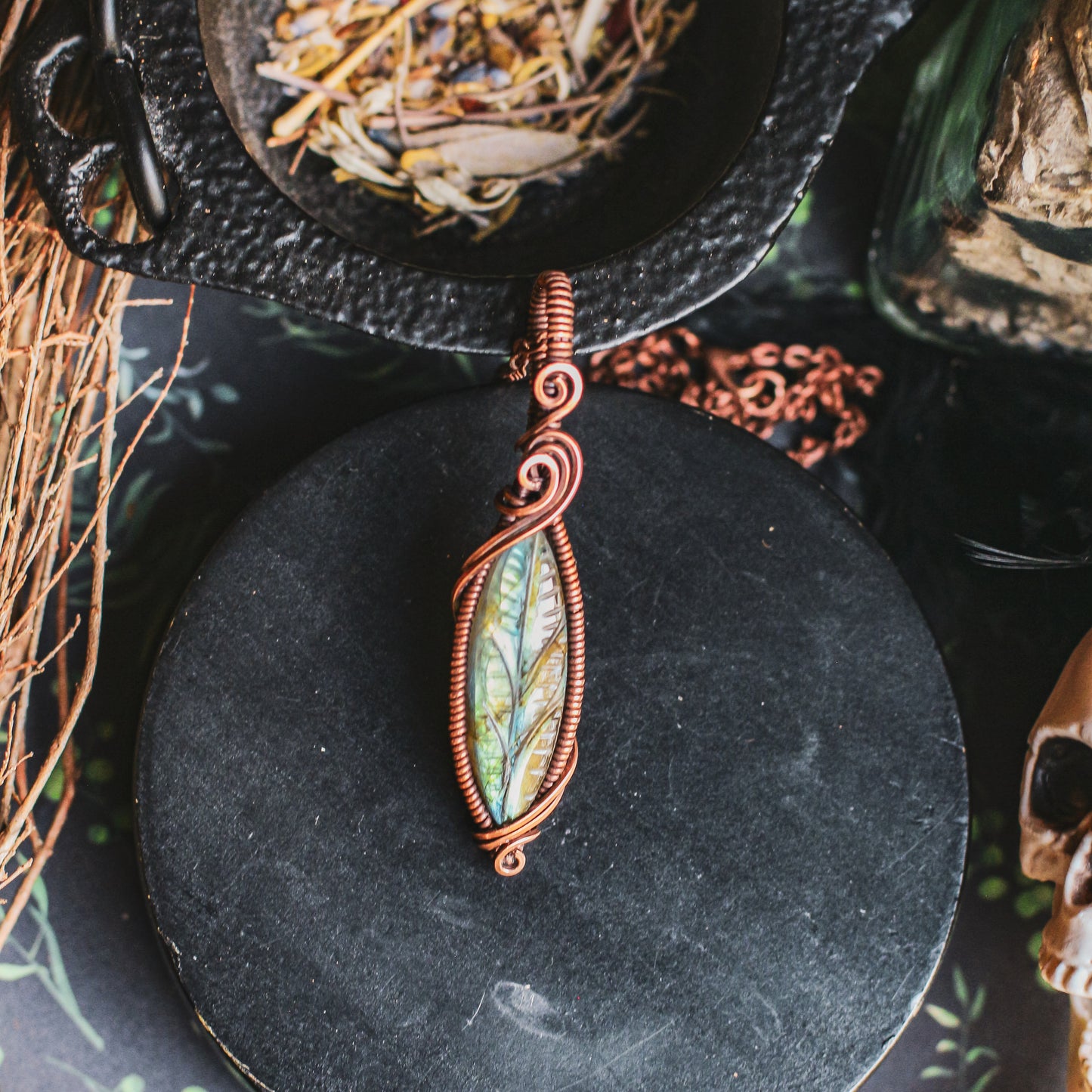 RARE Labradorite Leaf Necklace (Aged Copper)