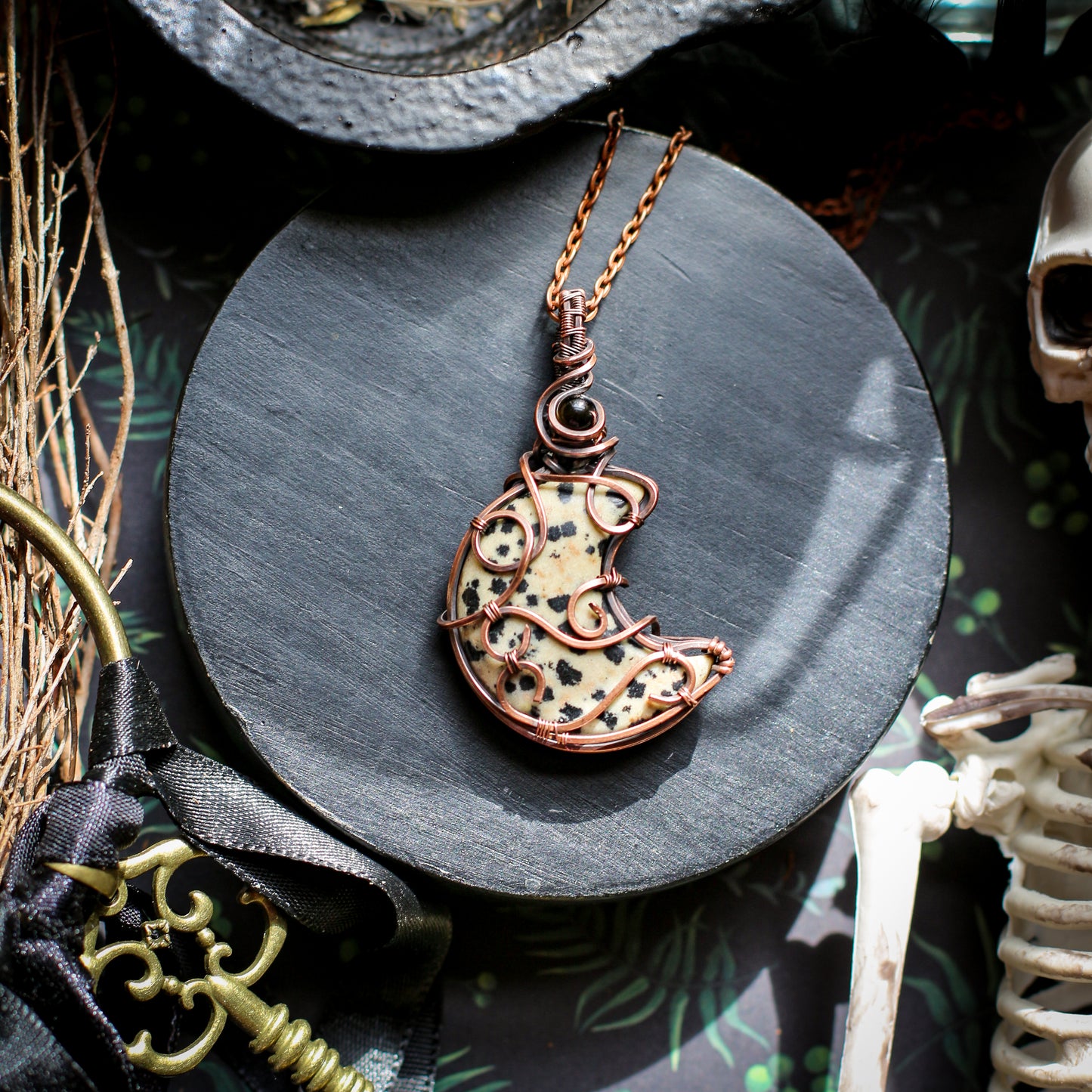 Dalmatian Jasper & Obsidian Moon Necklace (Aged Copper)