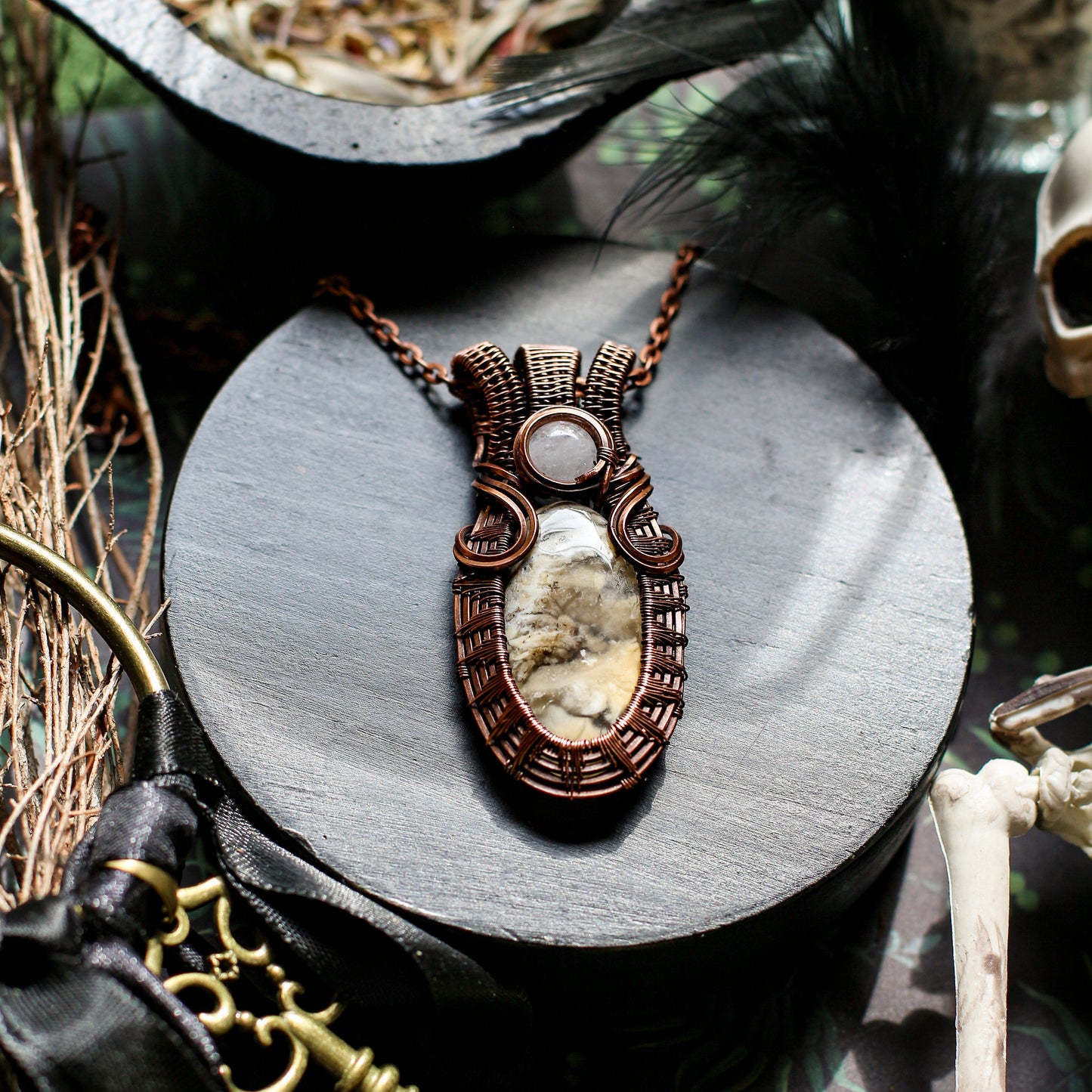 RARE Tiger Dendrite Agate & Quartz Necklace with Aged Copper