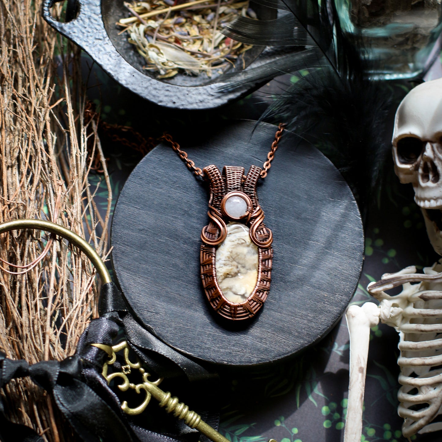 RARE Tiger Dendrite Agate & Quartz Necklace with Aged Copper
