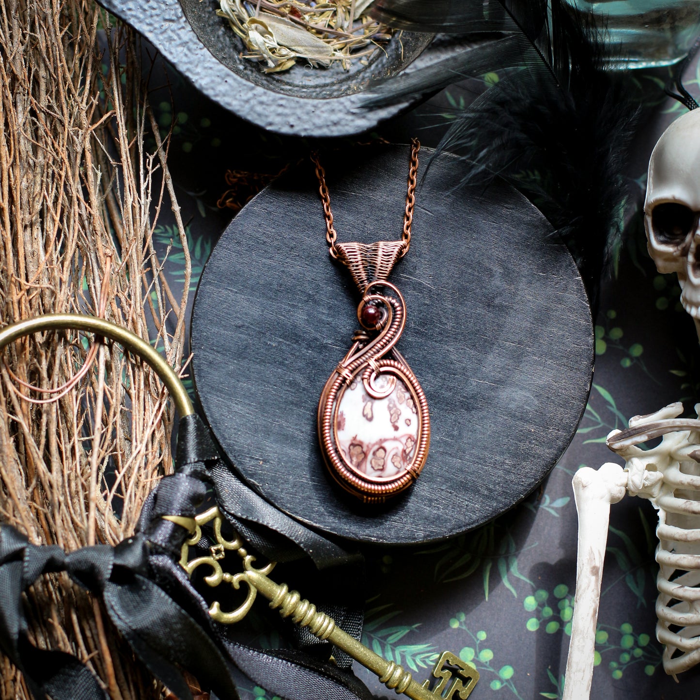 Coffee Bean Jasper & Garnet Necklace (Aged Copper)