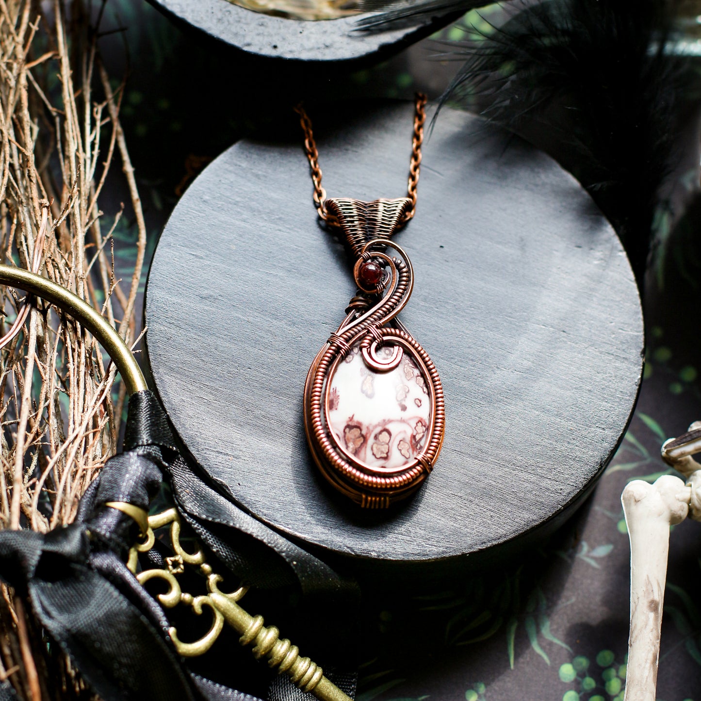 Coffee Bean Jasper & Garnet Necklace (Aged Copper)