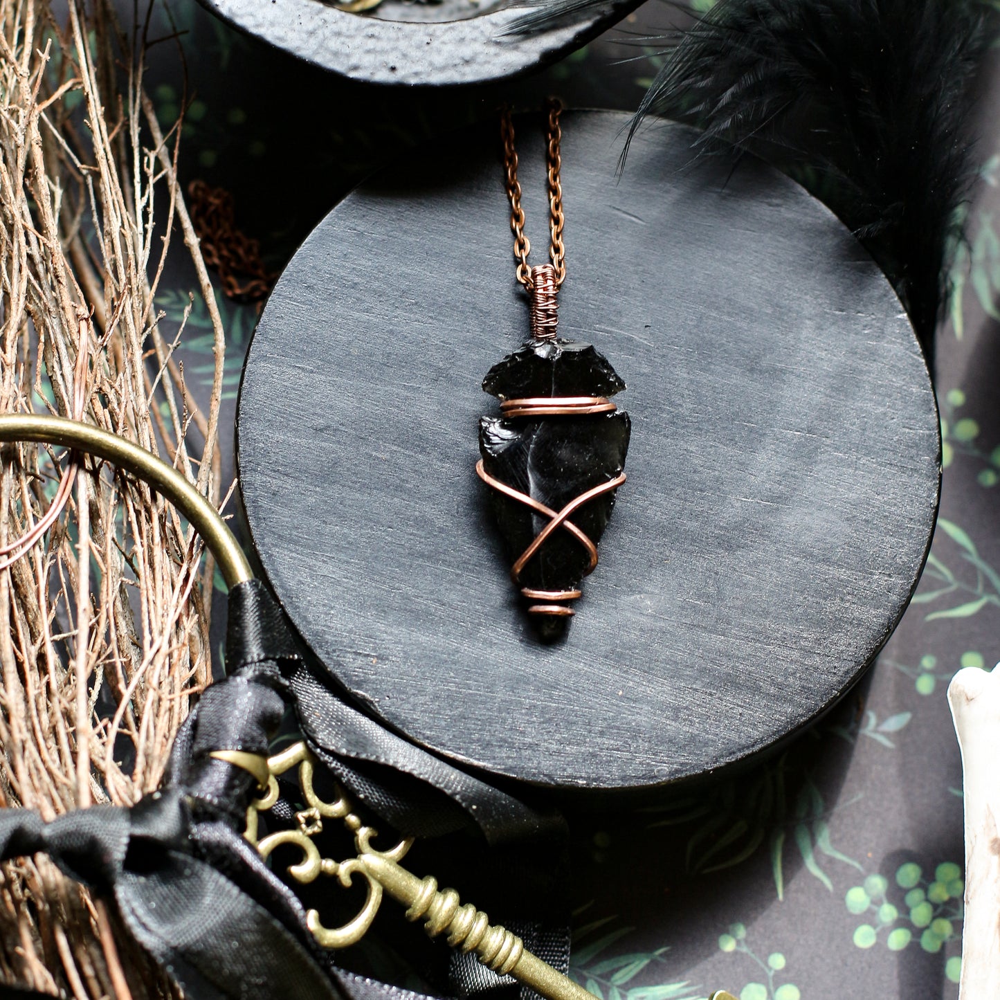 Black Obsidian Carved Arrowhead Necklace (Aged Copper)