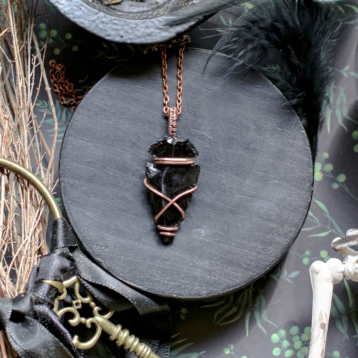 Black Obsidian Carved Arrowhead Necklace (Aged Copper)