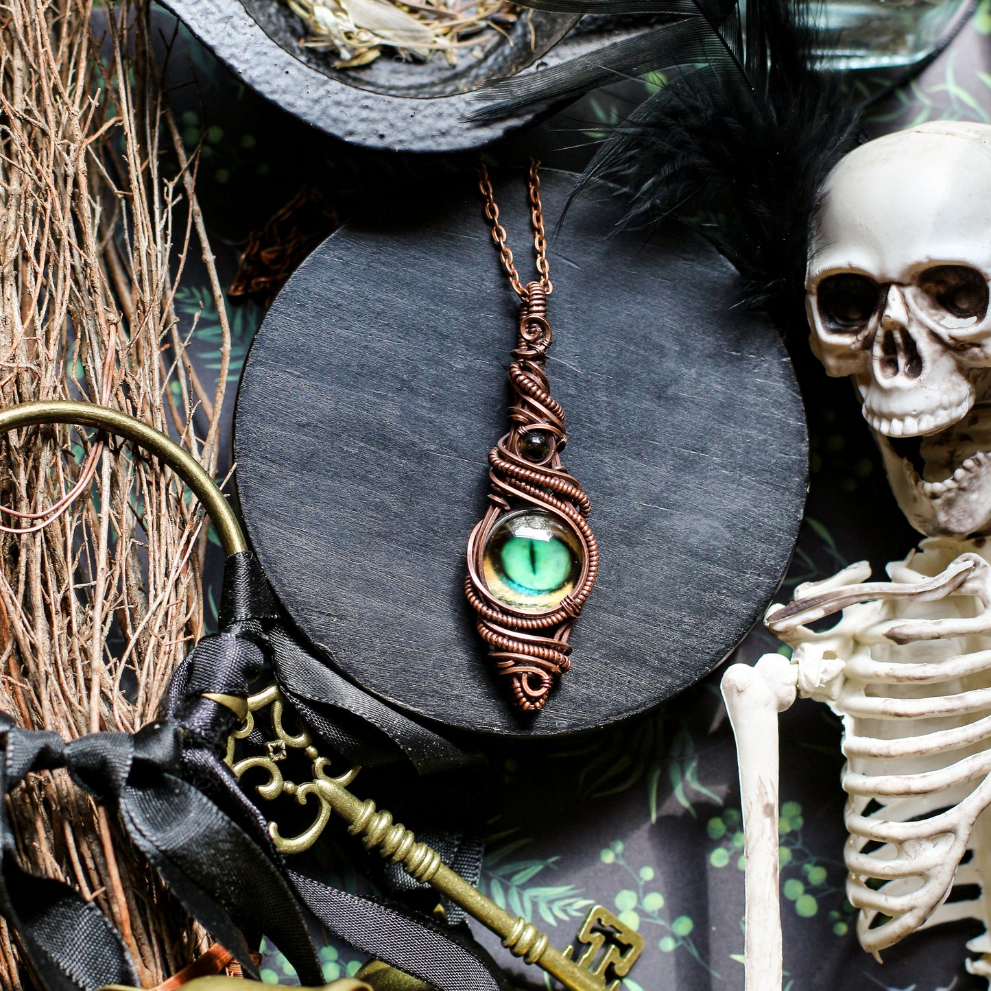 Green Seeing Eye Necklace with Obsidian & Aged Copper