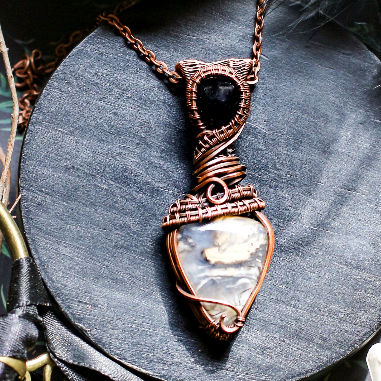 RARE Tiger Dendrite Agate & Black Onyx Necklace with Aged Copper