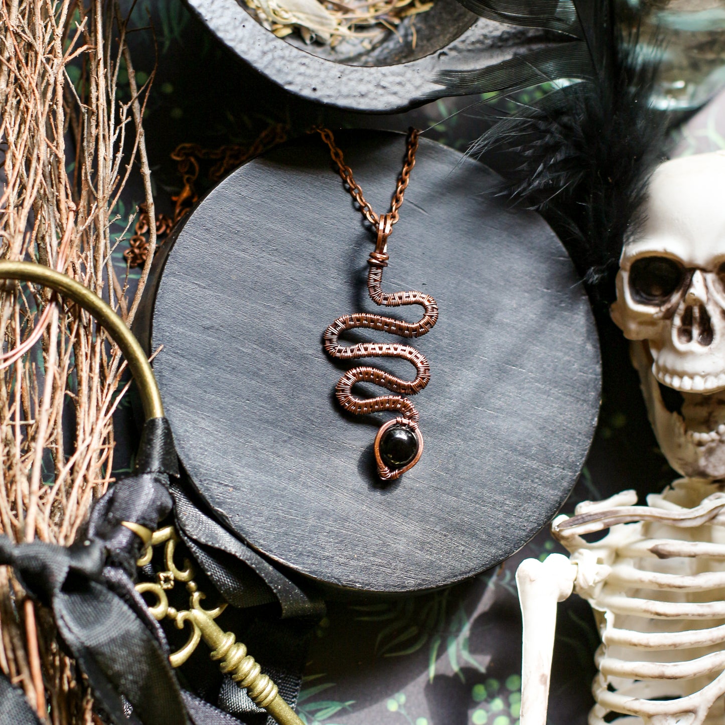 NEW Obsidian & Aged Copper Snake Necklace