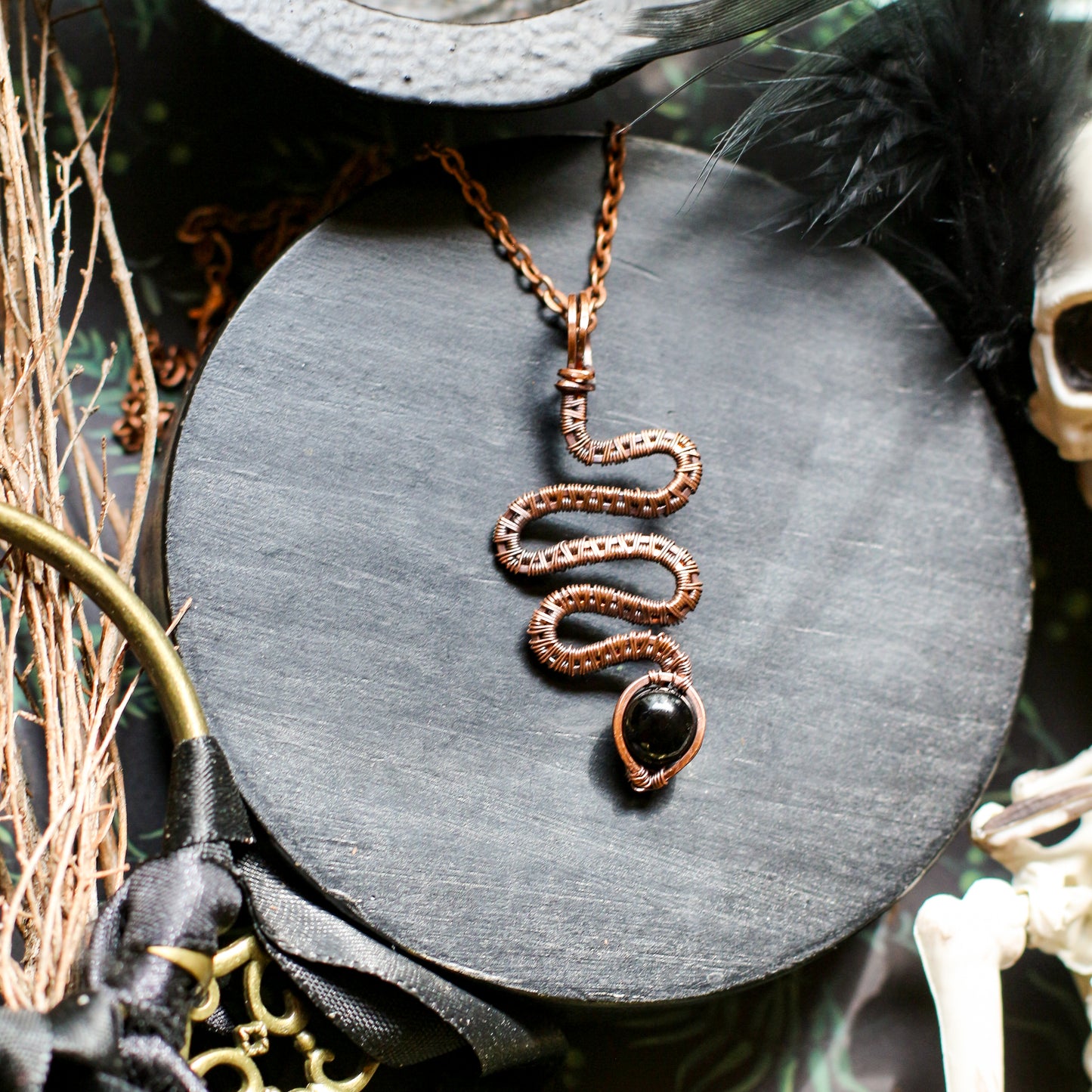 NEW Obsidian & Aged Copper Snake Necklace