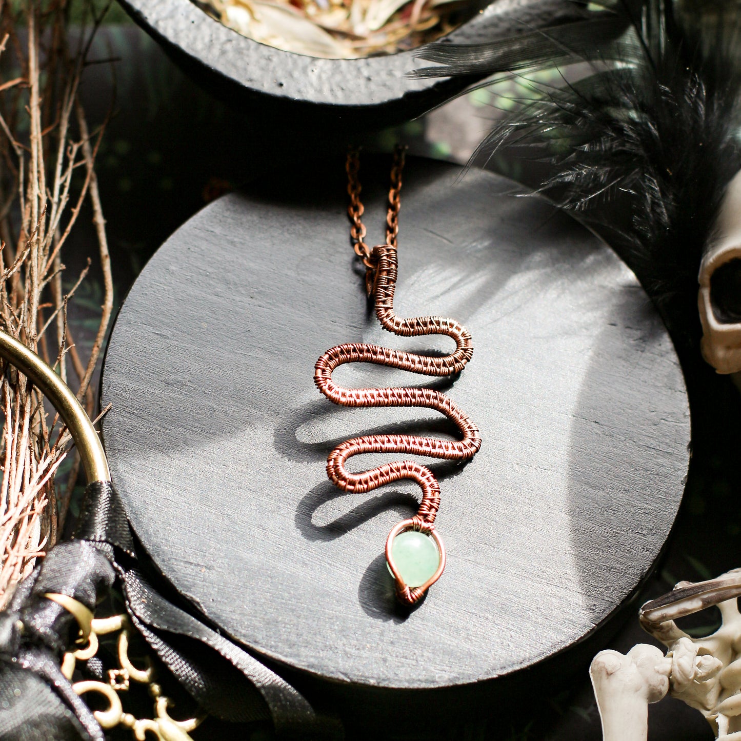NEW Green Aventurine & Aged Copper Snake Necklace
