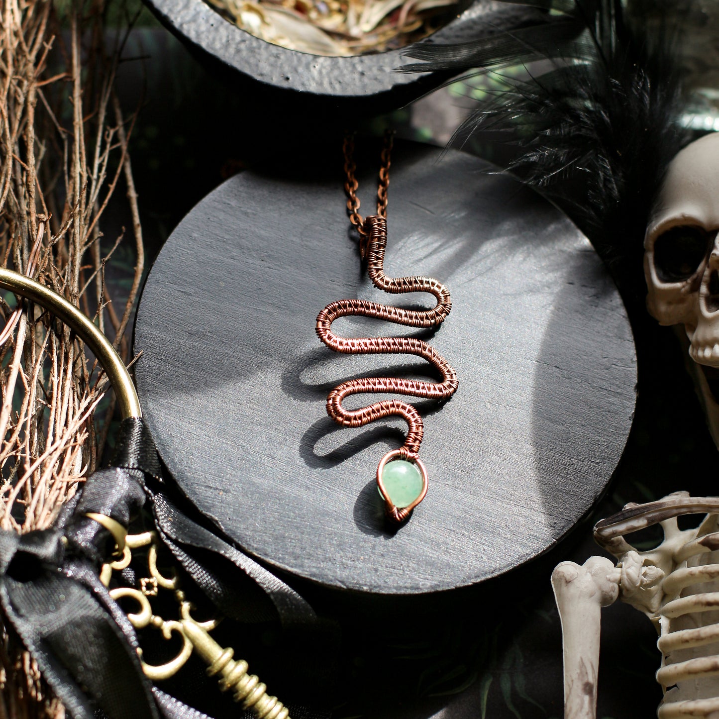 NEW Green Aventurine & Aged Copper Snake Necklace