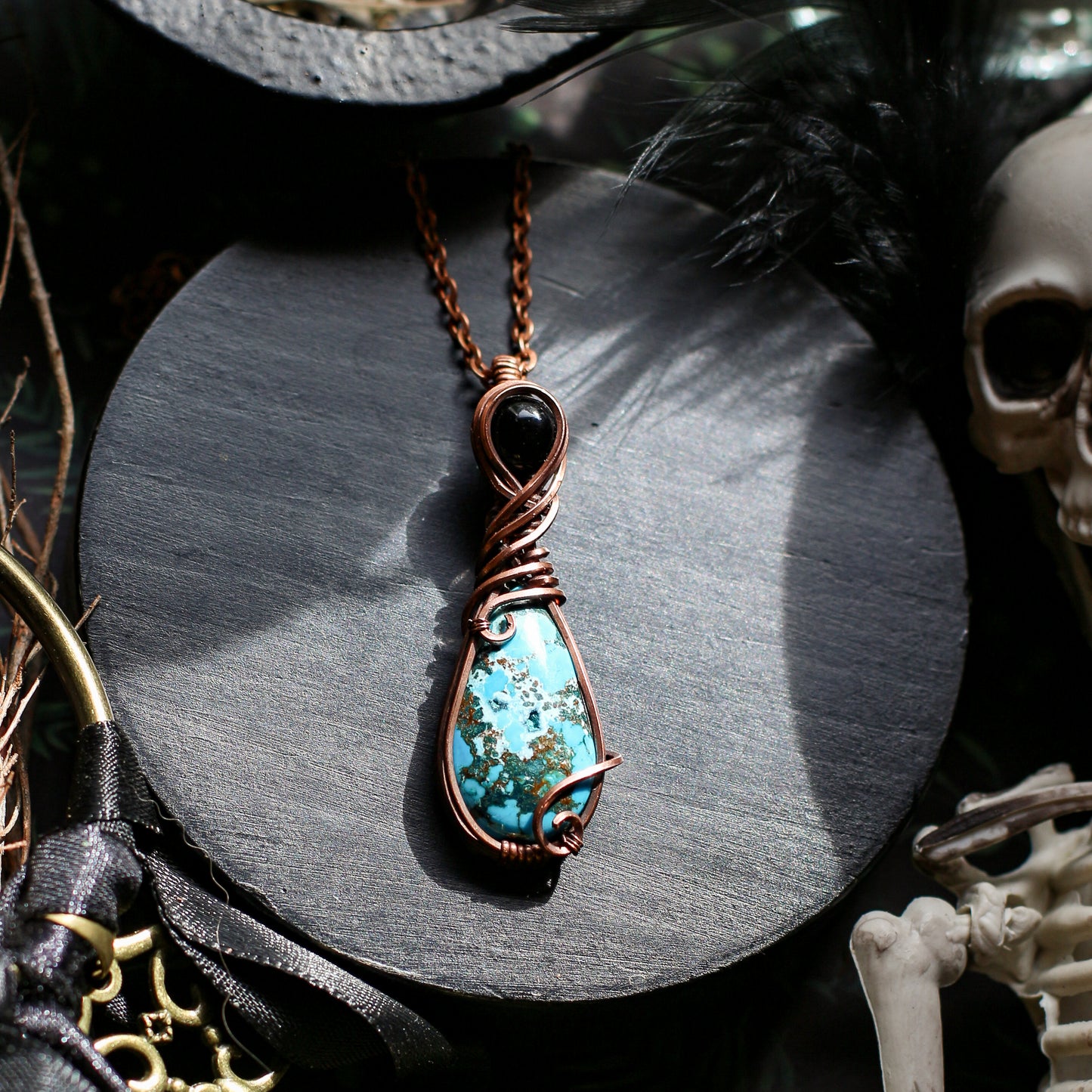 Magnesite Turquoise & Obsidian Necklace (Aged Copper)