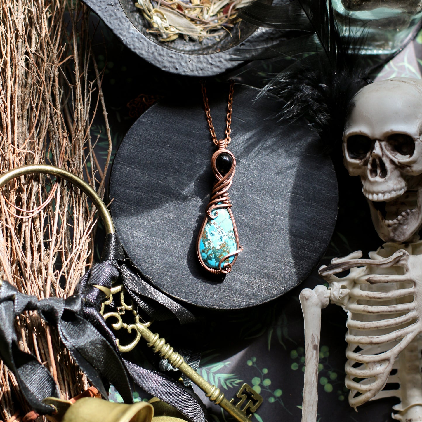 Magnesite Turquoise & Obsidian Necklace (Aged Copper)