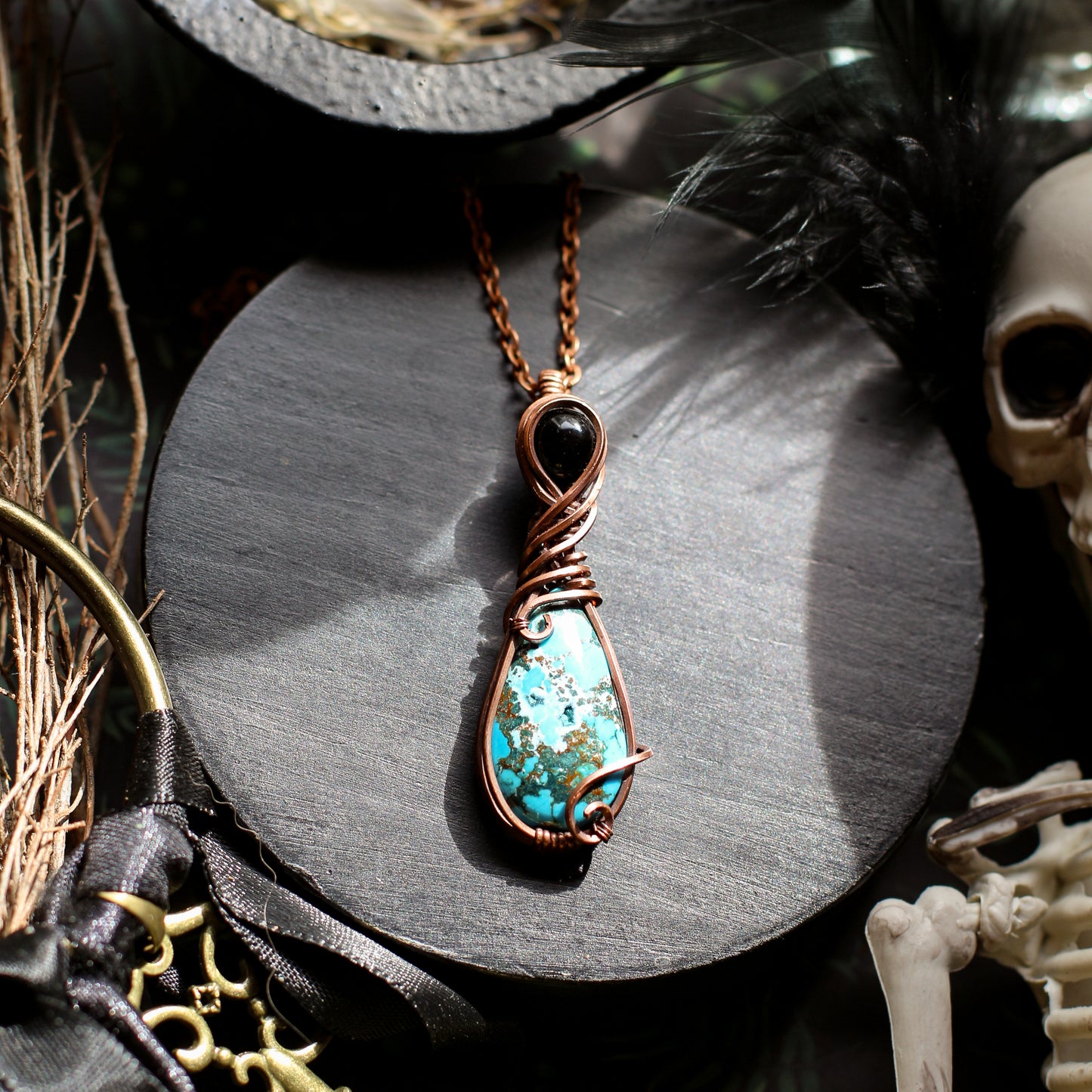 Magnesite Turquoise & Obsidian Necklace (Aged Copper)