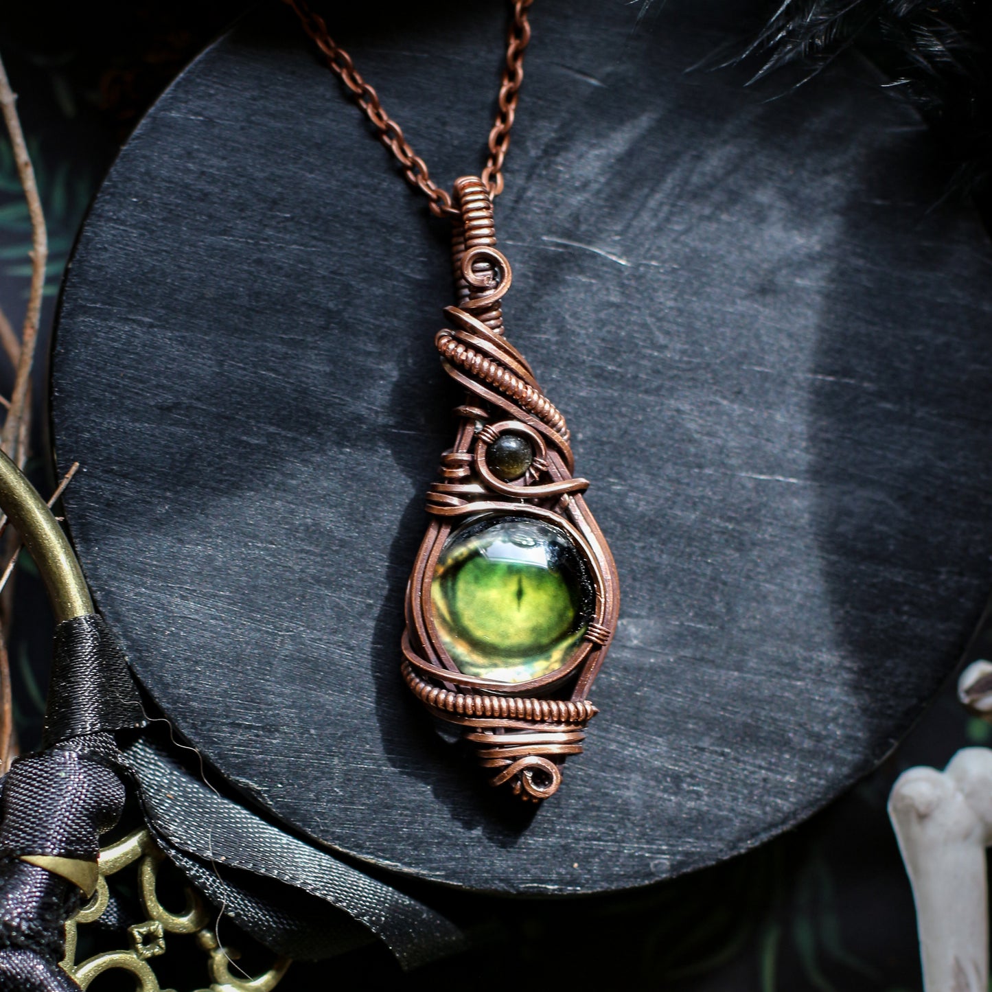 BOLD Green Seeing Eye & Obsidian Necklace (Aged Copper)