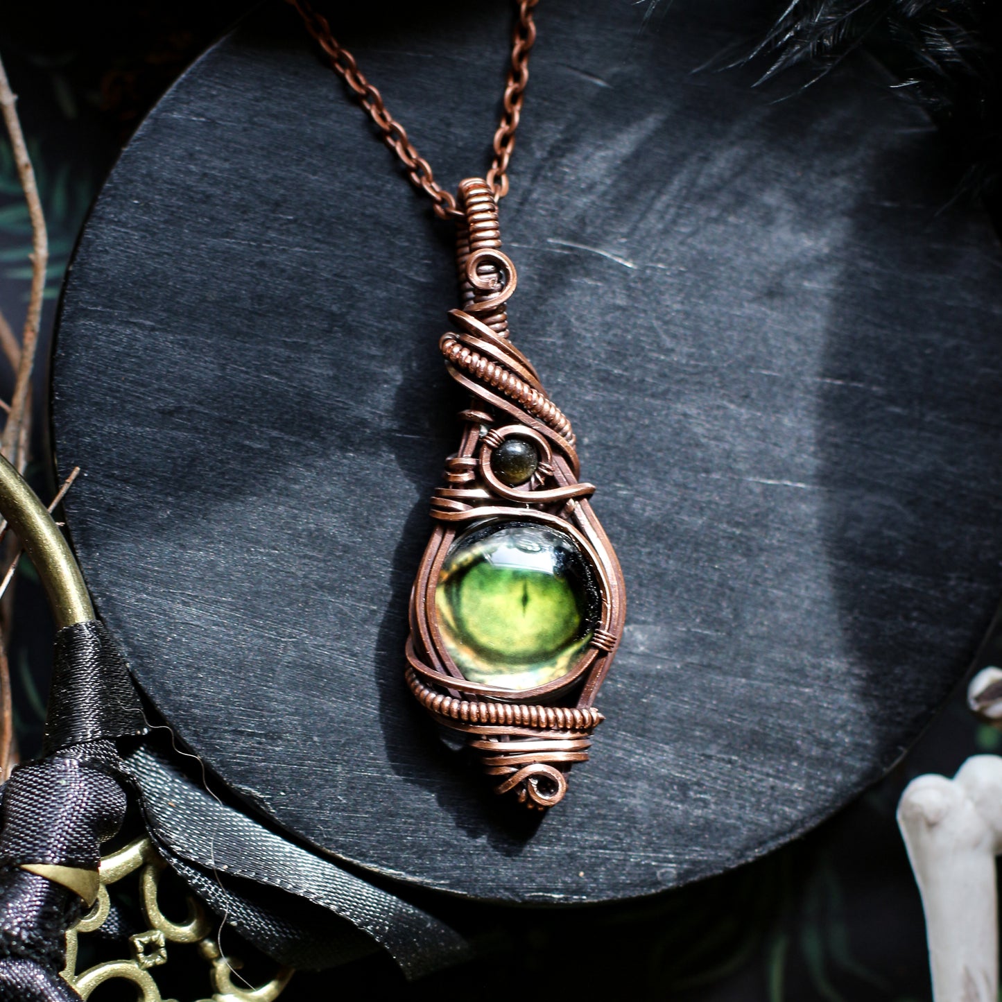 BOLD Green Seeing Eye & Obsidian Necklace (Aged Copper)