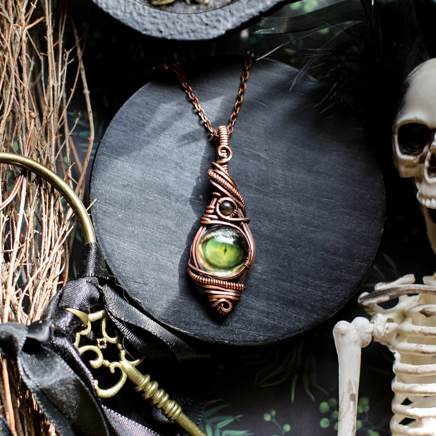 BOLD Green Seeing Eye & Obsidian Necklace (Aged Copper)
