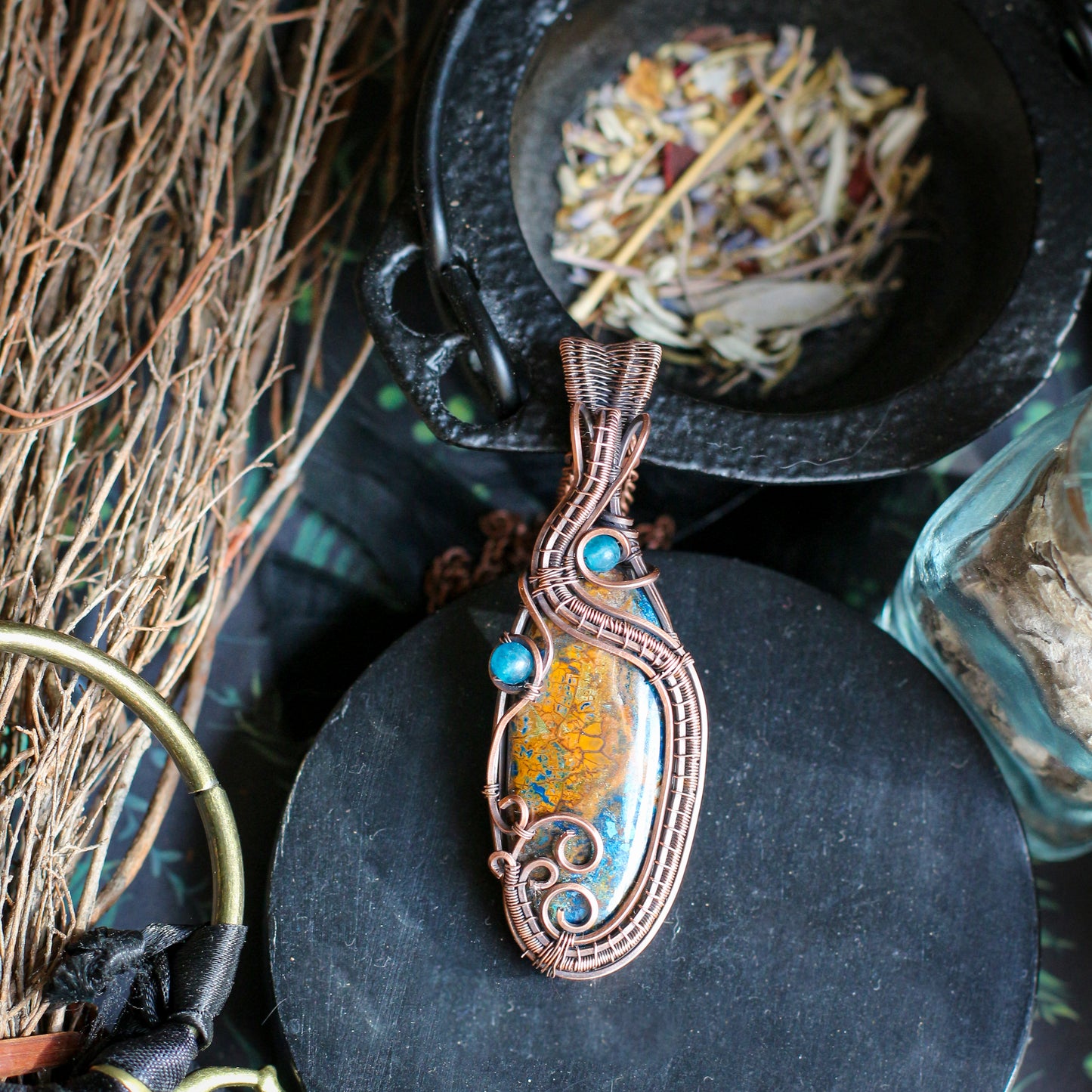 RARE Shattuckite & Blue Apatite Necklace (Aged Copper)