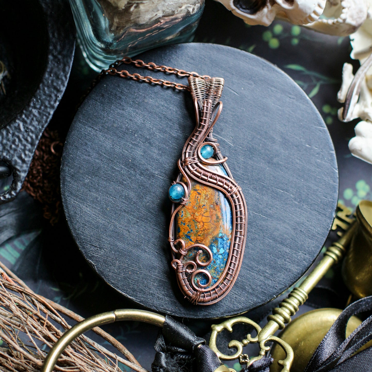 RARE Shattuckite & Blue Apatite Necklace (Aged Copper)