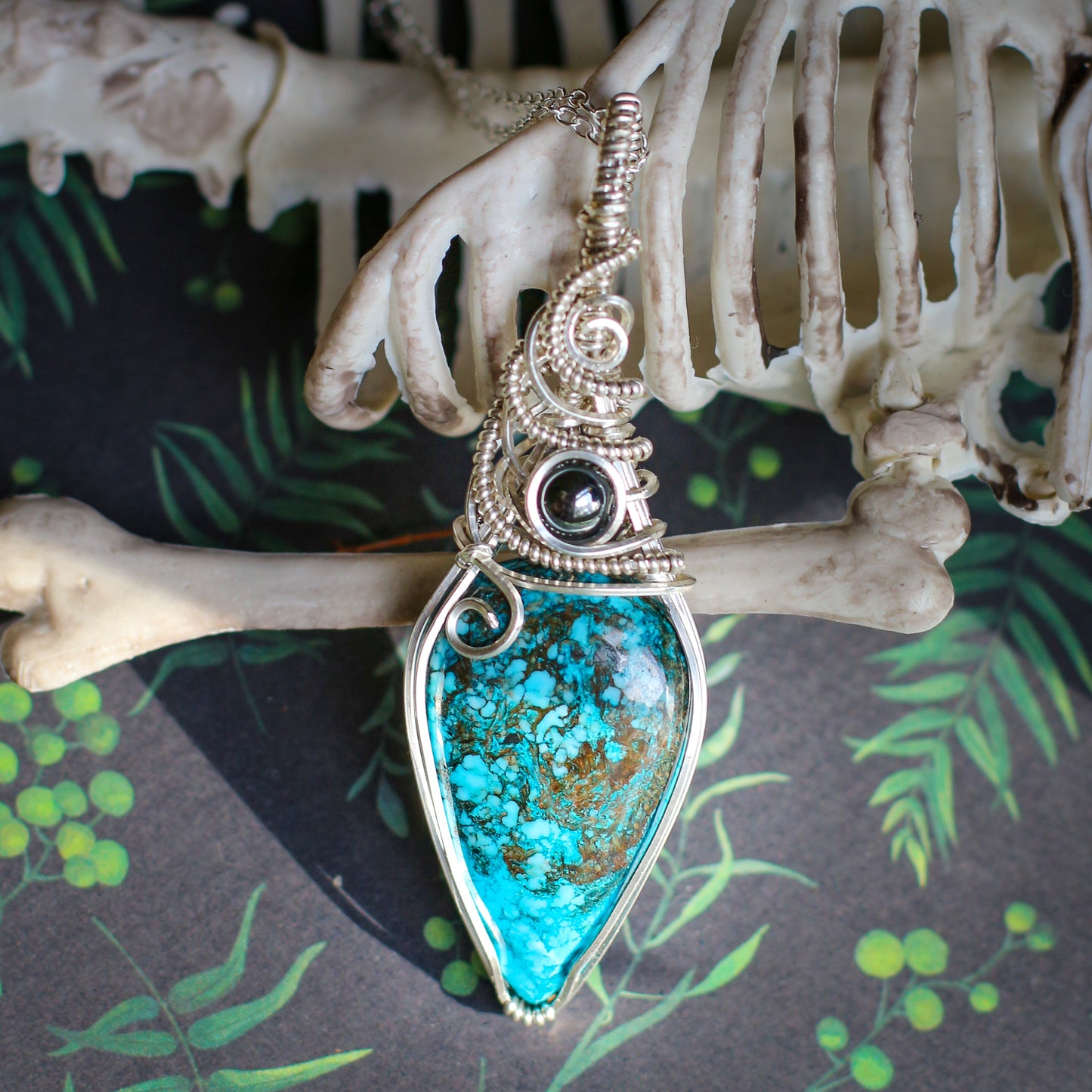RARE Magnesite Turquoise & Hematite Necklace with Sterling Silver