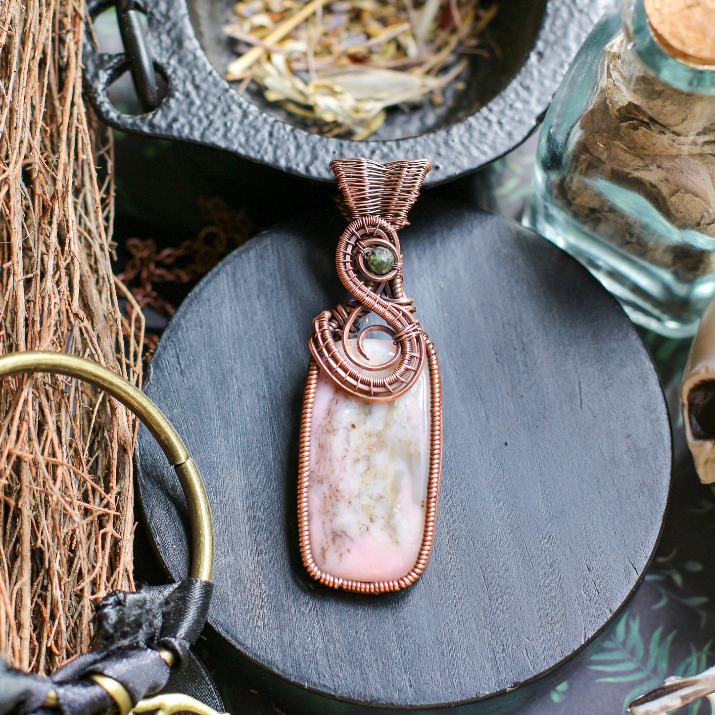 LARGE Pink Opal & Tourmaline Necklace (Aged Copper)