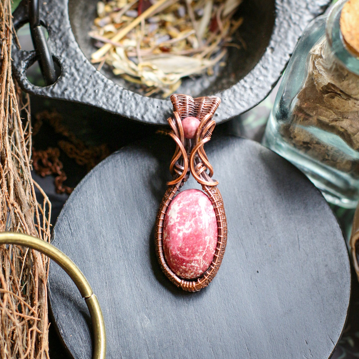 Pink Thulite & Aged Copper Necklace
