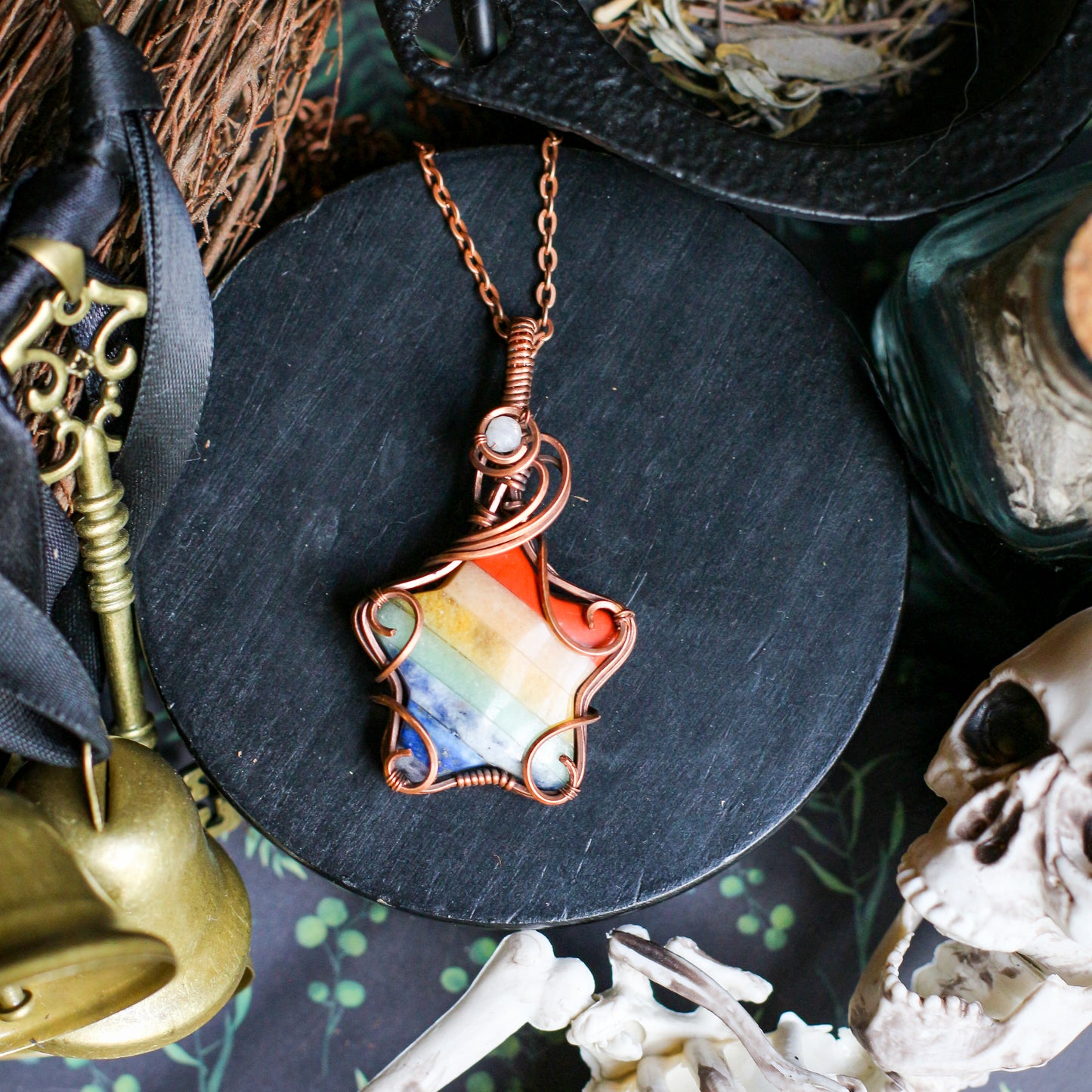 7 Chakra & Moonstone Star Necklace (Aged Copper)