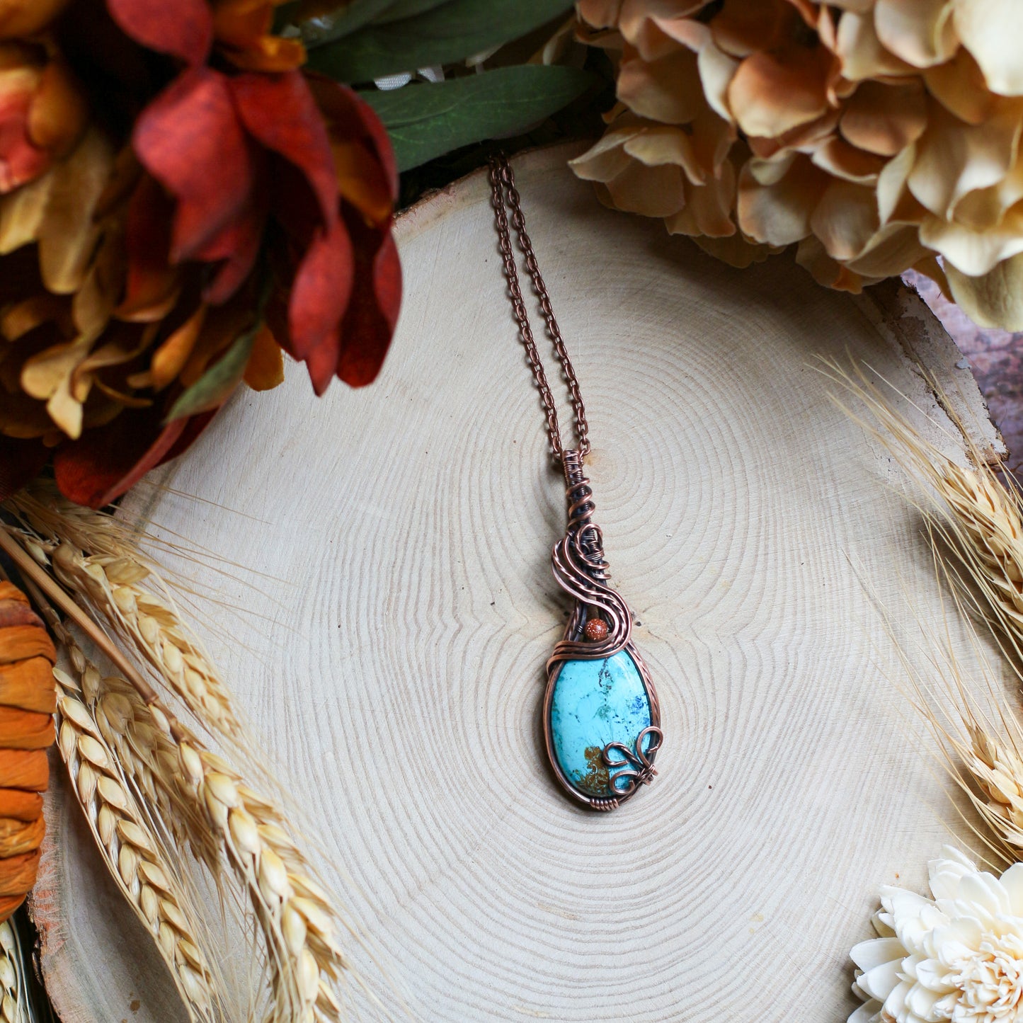 RARE Shattuckite & Red Goldstone Necklace (Aged Copper)