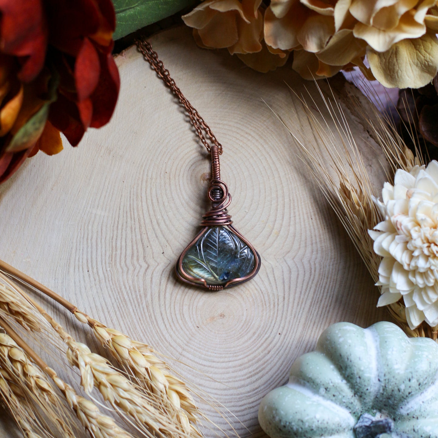 Labradorite Carved Leaf & Aged Copper Necklace