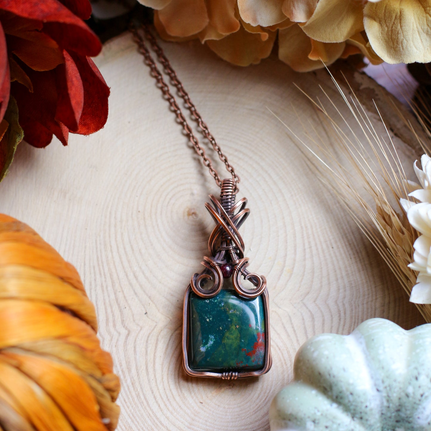 Green Bloodstone (Heliotrope) & Garnet Necklace with Aged Copper