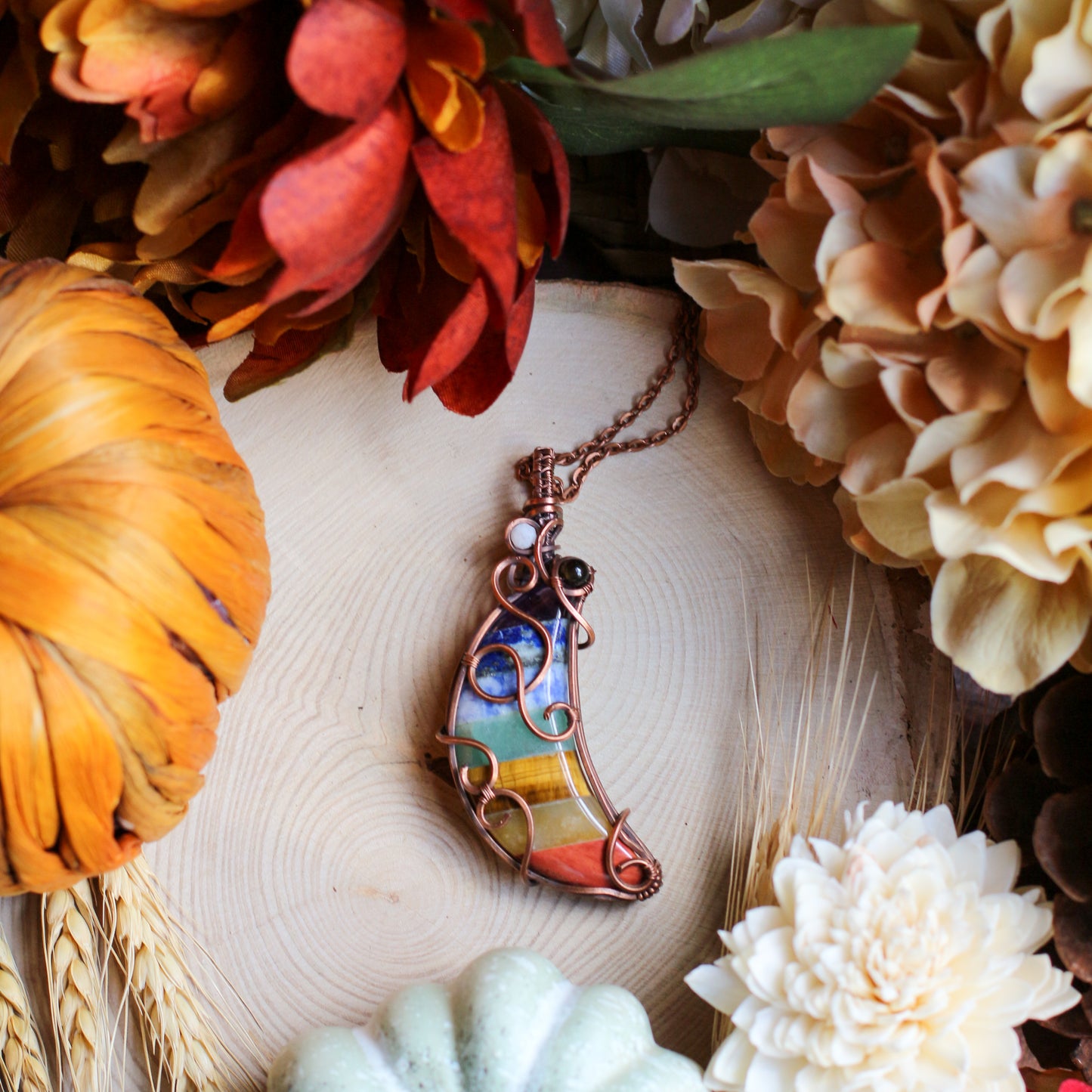 7 Chakra Moon Necklace with Moonstone & Obsidian (Aged Copper)