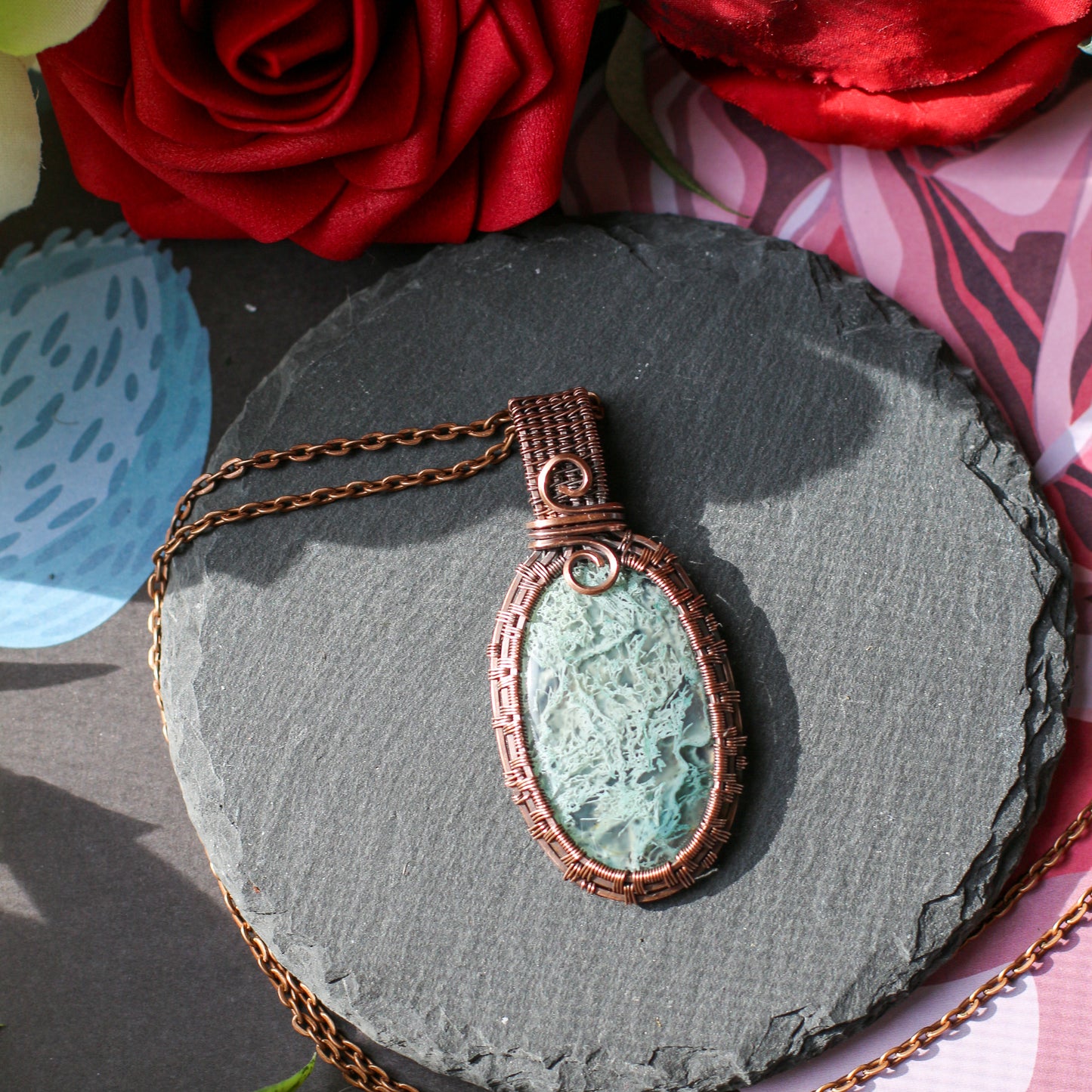Moss Agate & Aged Copper Necklace