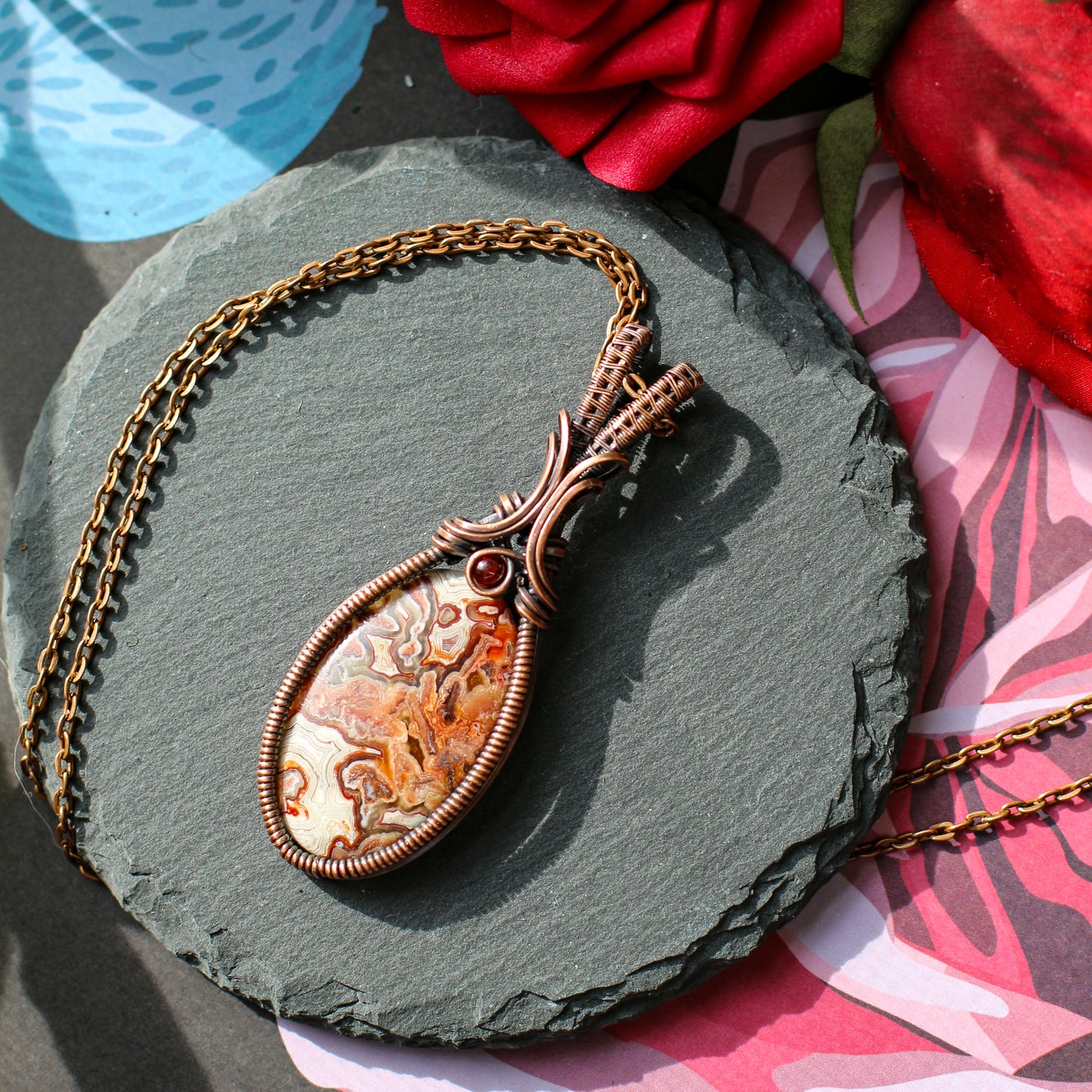 Crazy Lace Agate & Garnet Necklace (Aged Copper)