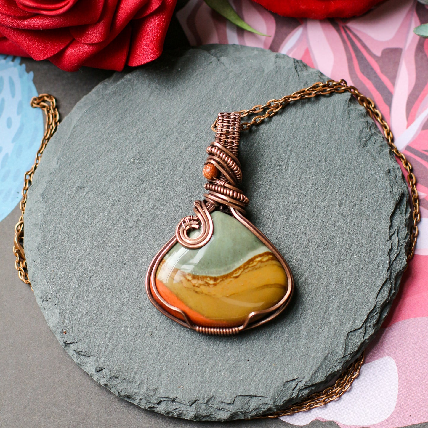 Large Polychrome Jasper & Red Goldstone Necklace (Aged Copper)